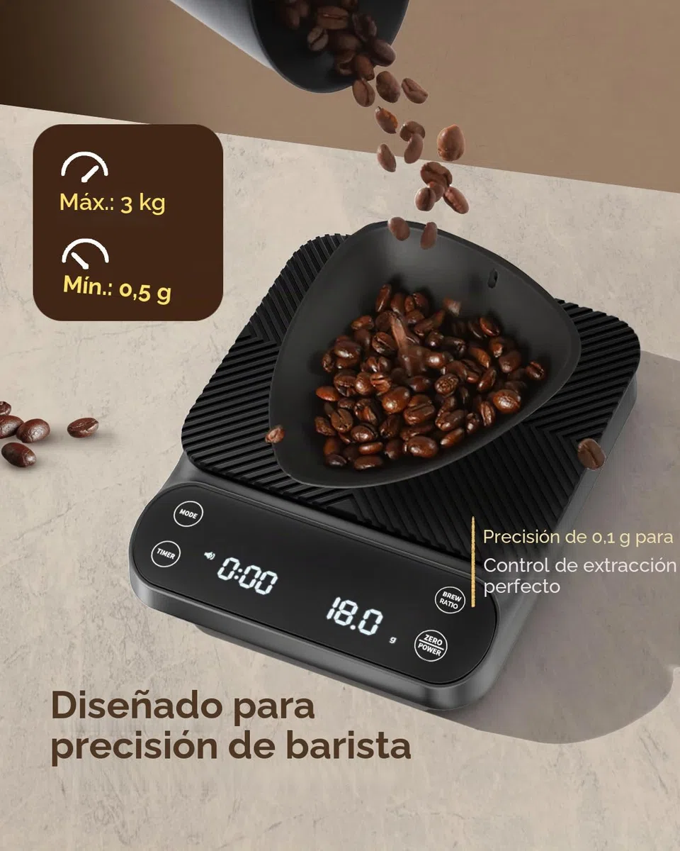 Maestri House S3 Báscula de café con temporizador, 3 kg/0,1 g, recargable, báscula digital de espresso, 3 modos de preparación, proporciones de preparación e indicador de flujo ajustables, para Pour