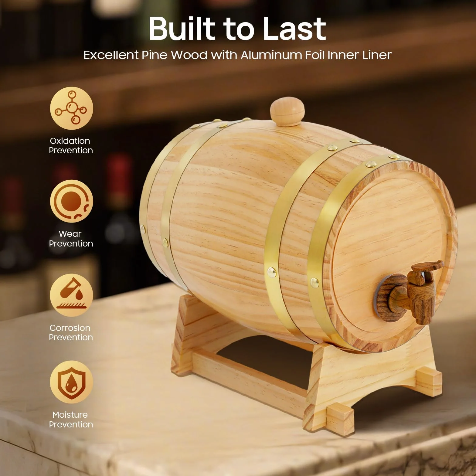 Barril de vino, madera de pino de 3 l, con varillas de acero inoxidable y grifo, barril de fermentación tradicional para vino/whisky, incluye soporte (16 x 23,5 cm), ideal para cervezas y bares