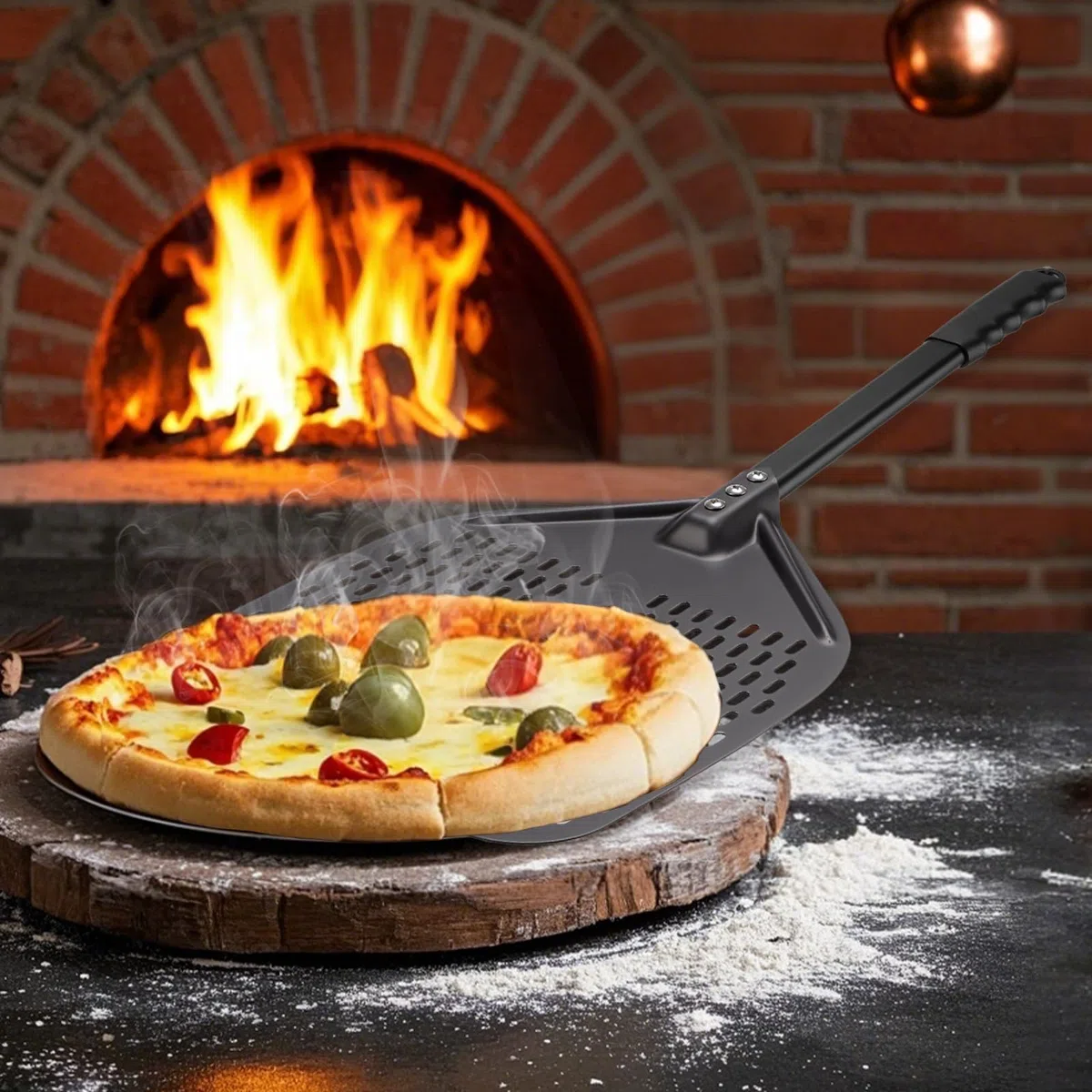 Pala para pizza perforada de 30 x 39 cm, pala de aluminio para pizza, pala de pizza negra con mango largo, superficie grande y mango extraíble