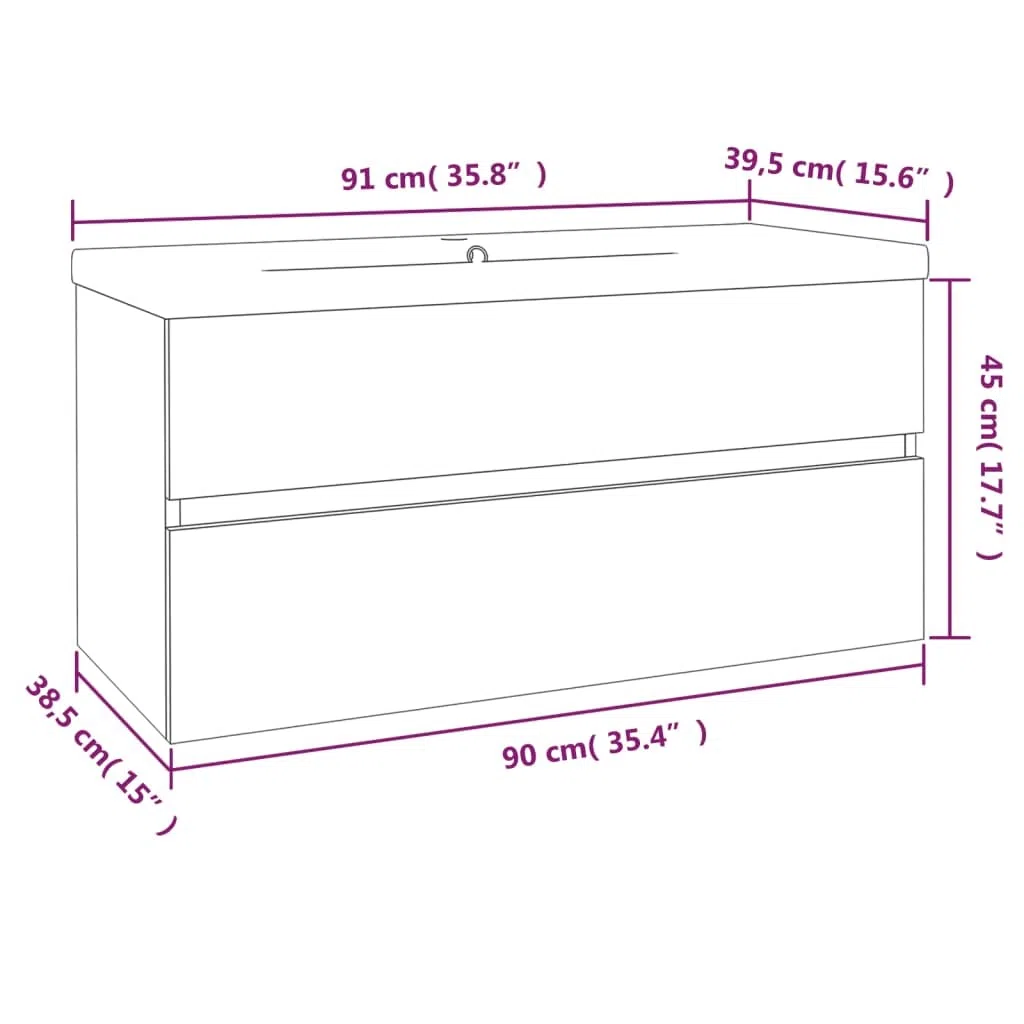 Armario de lavabo con lavabo empotrado, color gris, material de madera Sonoma, 90 x 38,5 x 45 cm, mueble de baño con cajón y espacio de almacenamiento, para colgar en la pared para inodoro