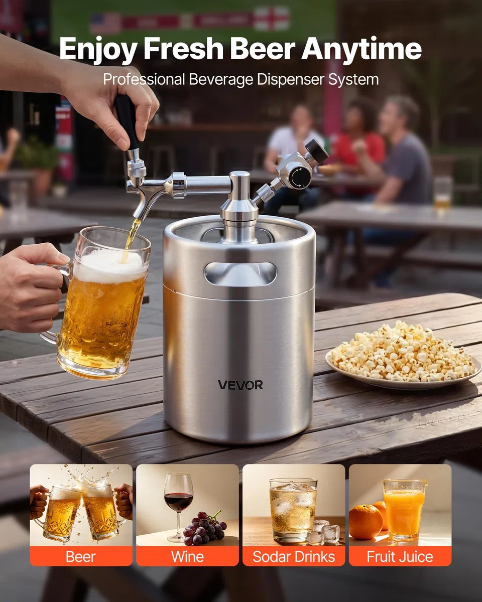 VEVOR Mini Barril Dispensador de Cerveza de 4 L de Acero Inoxidable 304, Con Regulador de CO₂ y Grifo de Cierre Automático, Compatible con Cartuchos de CO₂ de 16 g (No Incluido), Para Fiesta, Hogar