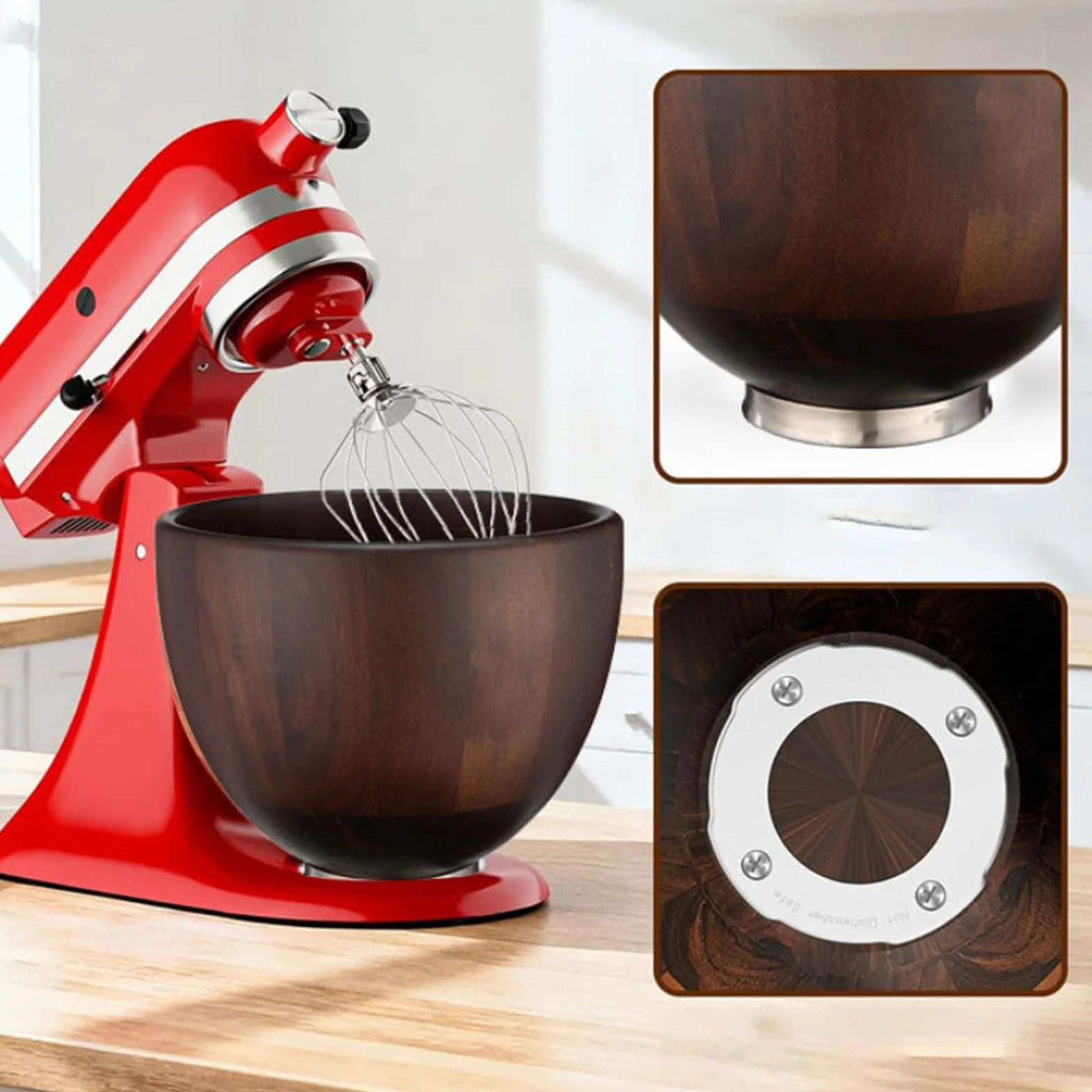 Ensaladera de Madera Antideslizante con Base de Acero Inoxidable para Uso Doméstico y Reuniones Familiares