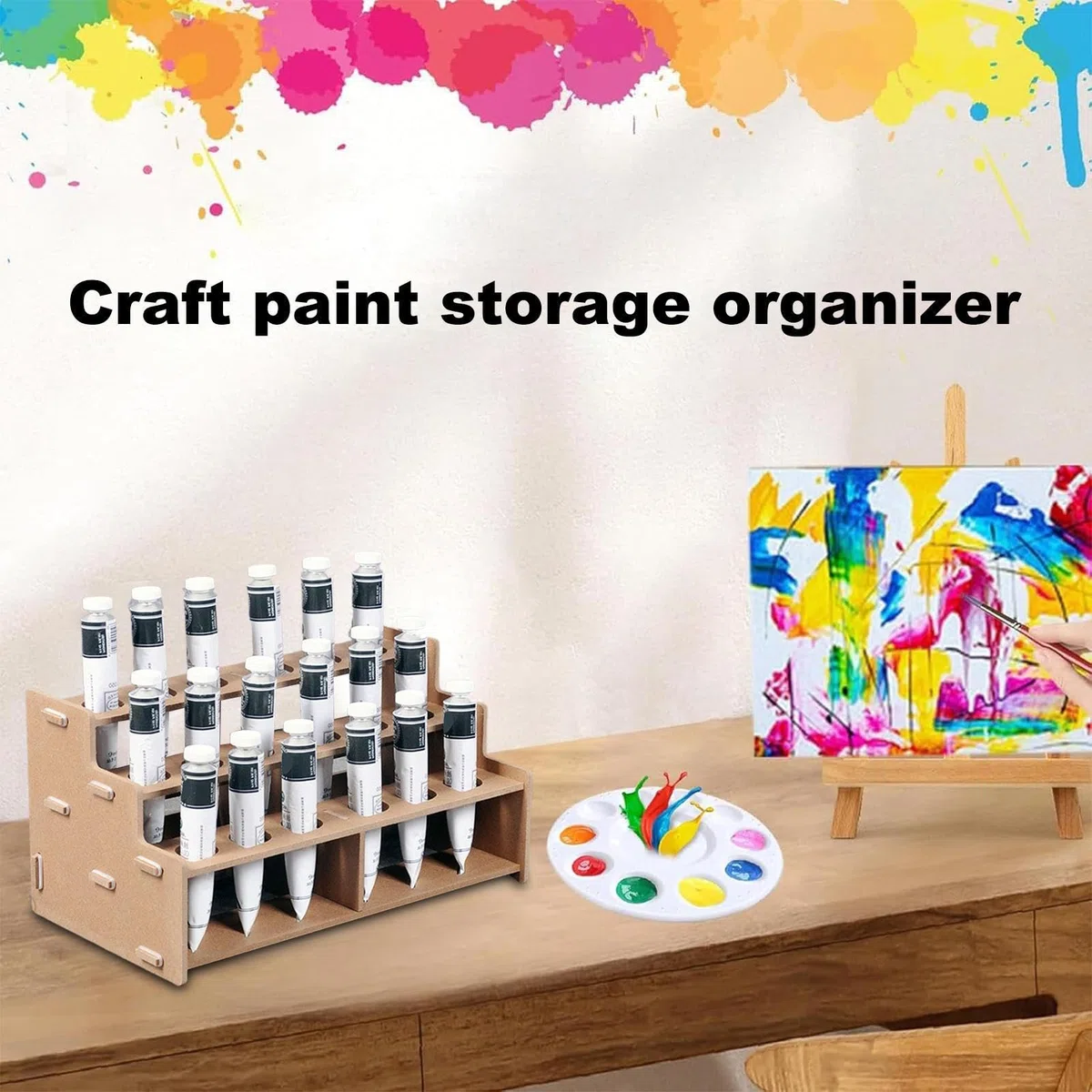Organizador de tubos de pintura, 3 soportes de madera, almacenamiento de tubos de pinceles de arte con diseño compacto, capacidad para 18 botellas, organizador de suministros de pintura para