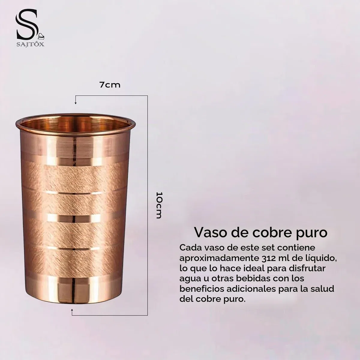 Vaso de vidrio de cobre puro para beber agua, juego de vasos de cobre para beneficios de salud ayurvédicos – 312 ml (11 oz) cada uno (JUEGO DE 4)