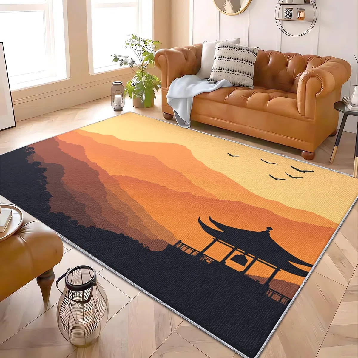 Genérico Alfombra Salón Dormitorio 80x150 cm Paisaje de Atardecer Natural Moderna Lavable y Antideslizante Pelo Corto de Alfombra Naranja Suave Esponjoso Sin Desprendimiento para Habitación Infantil