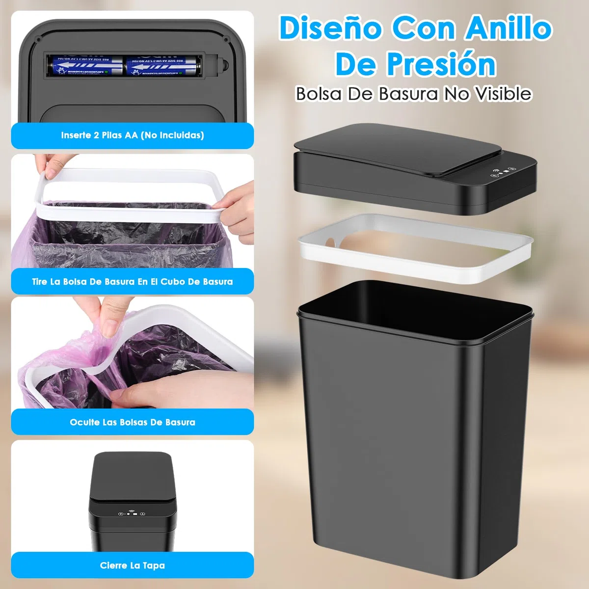 2 Papelera Baño Pequeña, Scubo de Basura con Sensor Inteligente de 12L, 3 modos de funcionamiento, Cubo Basura Automatico Silencioso e Impermeable, para Cocina, Oficina, Sala de Estar