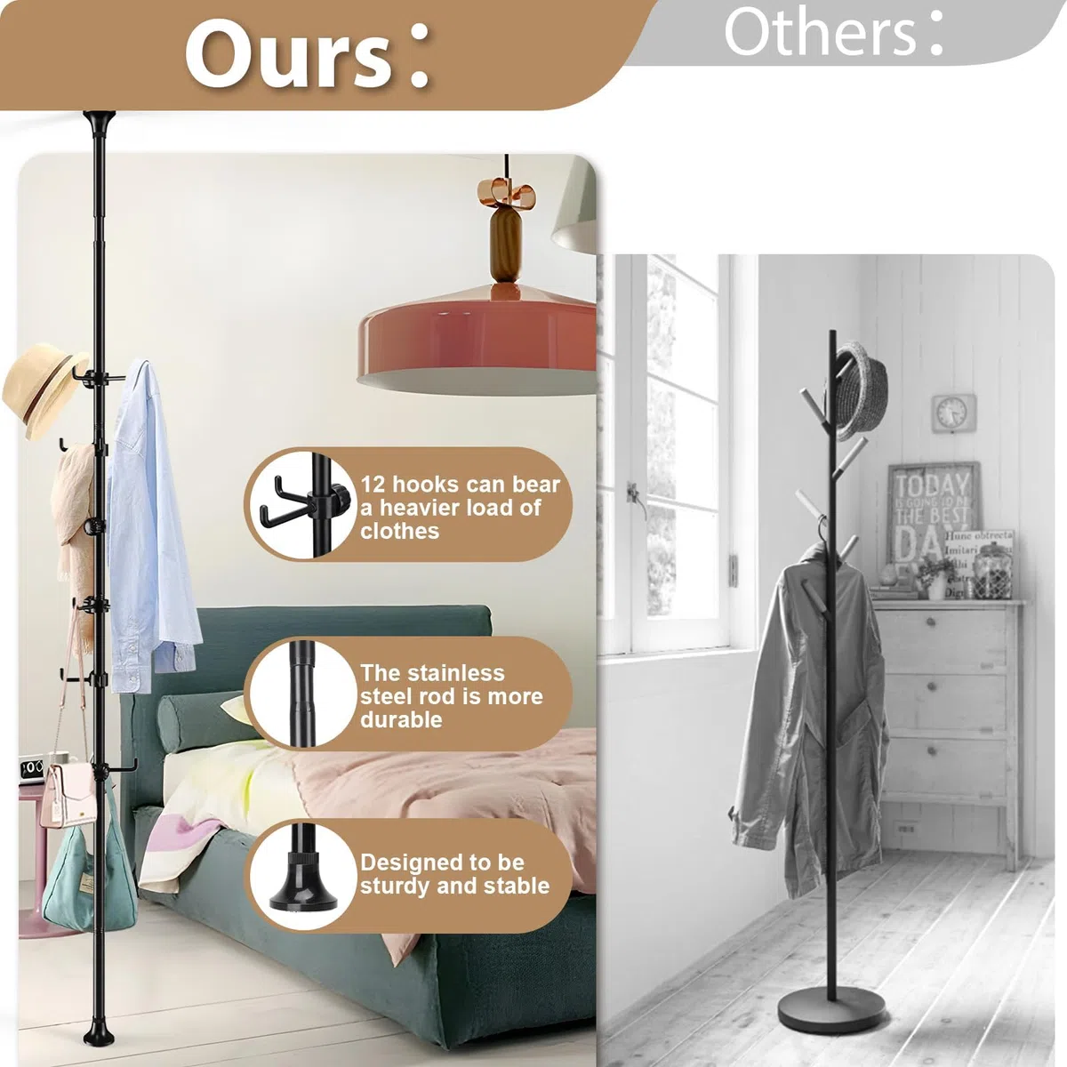 Perchero ajustable de 140 cm a 310 cm, negro con 12 ganchos para colgar abrigos, chaquetas, sombreros y bufandas, adecuado para salón, balcón, cocina