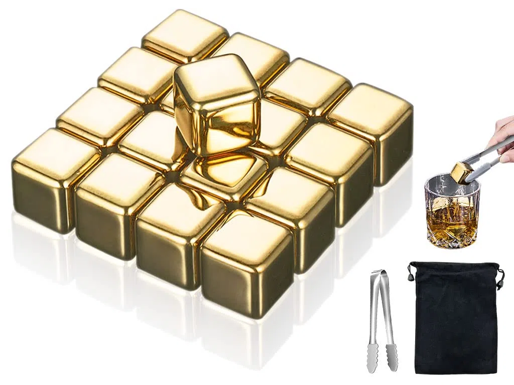 Cubitos de Hielo Acero Inoxidable,16 Piezas Cubitos Hielo Reutilizables Acero Inoxidable Oro,Cubitos de Hielo Reutilizables + Abrazaderas e Bolsa,para Whisky,Vodka,Licor,Vino,Jugo de Bebida