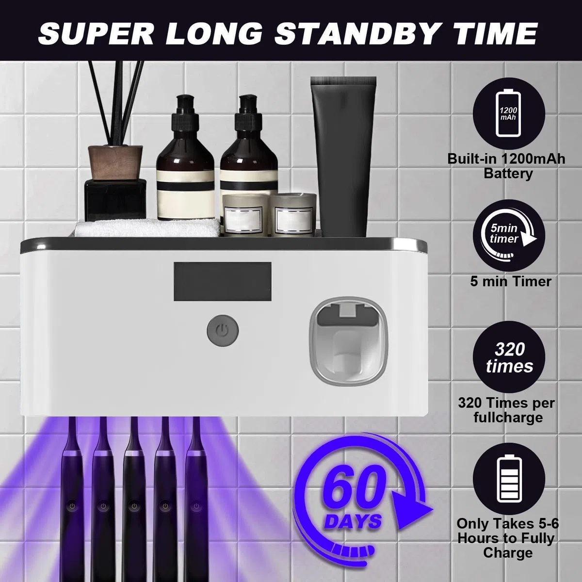 Soporte Cepillo de Dientes UV para 5 Cepillos de Dientes, Esterilizador Cepillo Dientes de Pared, Carga de Energía Lumínica, Dispensador de Pasta de Dientes Eléctrico para 60 días con Una Sola (Gris)
