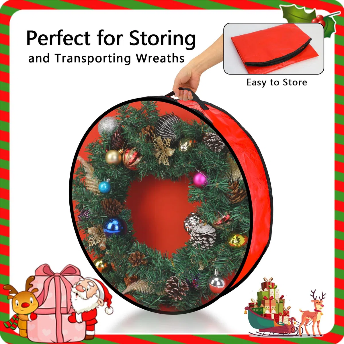 Pwsap 2 Paquetes Bolsa de Almacenamiento de Coronas Navideñas - 24 Pulgadas, Estuches de Guirnaldas de Coronas Navideñas Material Impermeable y Duradero con Cremallera Adornos Navideños, Rojo