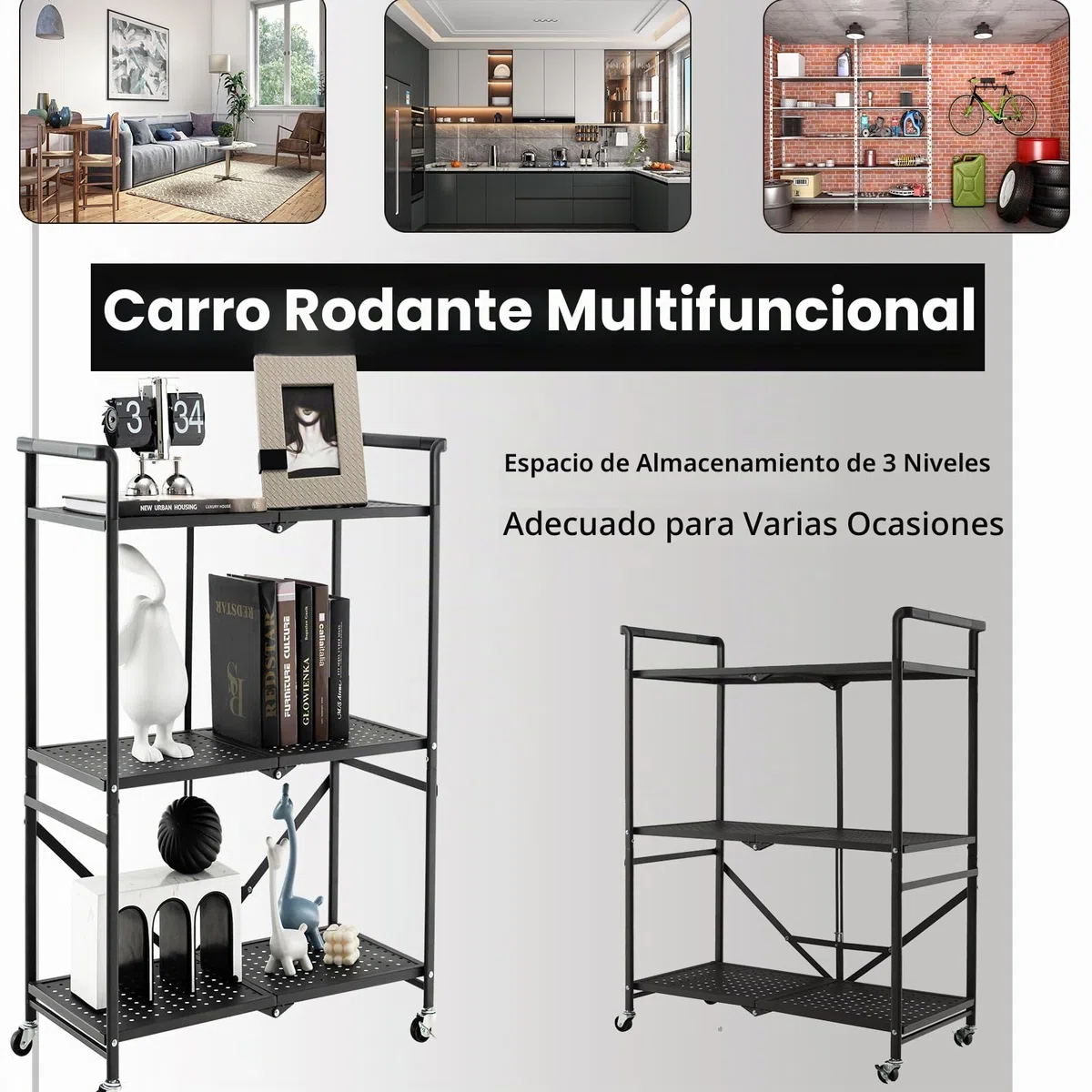 KOMFOTTEU Carrito de Cocina Plegable de 3 Niveles, Carro Auxiliar de Metal, Estantería para Microondas con Ruedas, Carro de Servicio, Carro de Almacenaje para Salón, Pasillo, 73 x 33 x 94 cm, Negro