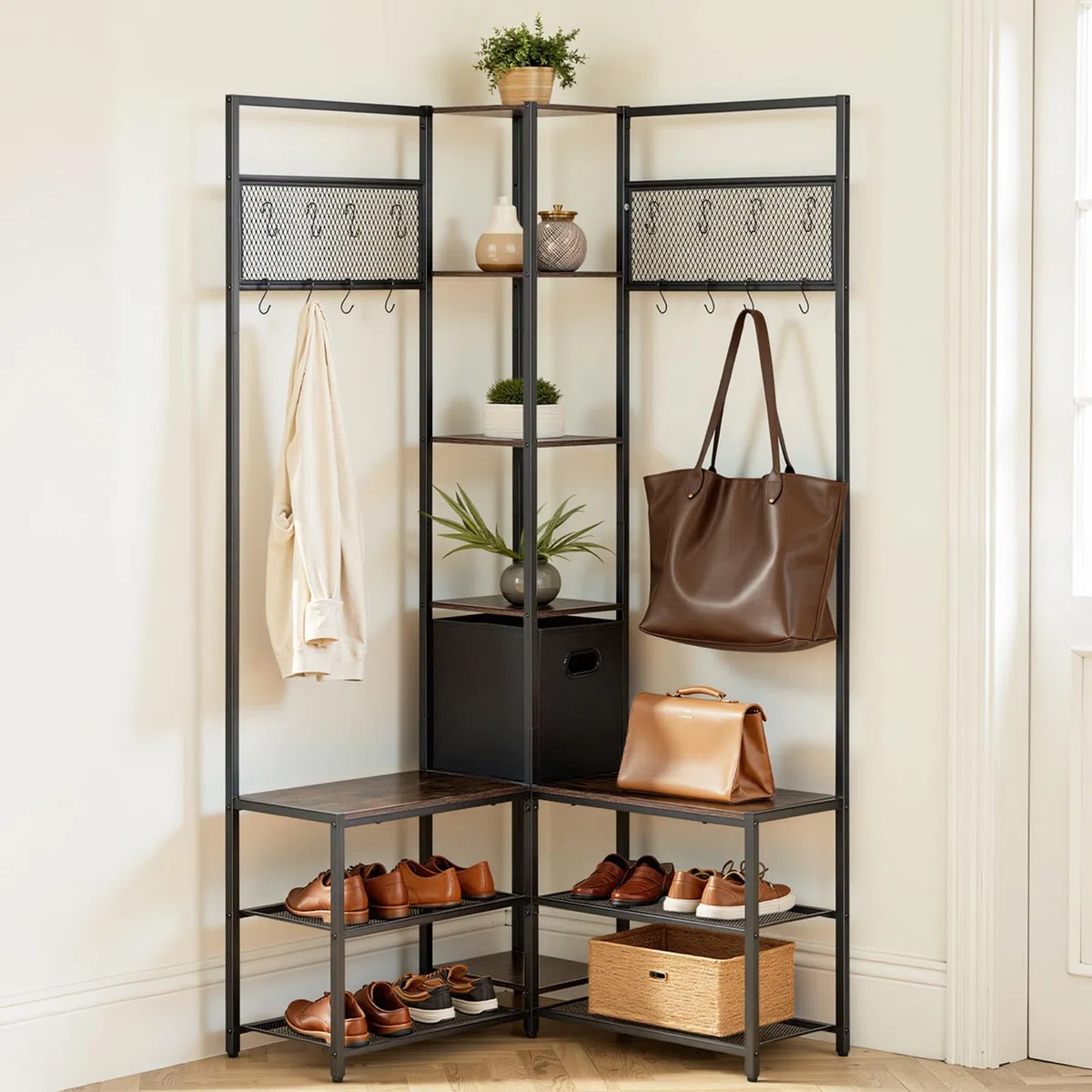 VEVOR Perchero de Esquina 180 cm, Organizador de Ropa con Ganchos Banco Zapatero y Estantes para Abrigos Bolsos Calzado, Armario Abierto para Entrada Pasillos Dormitorio Salón, Marrón Rústico y Negro