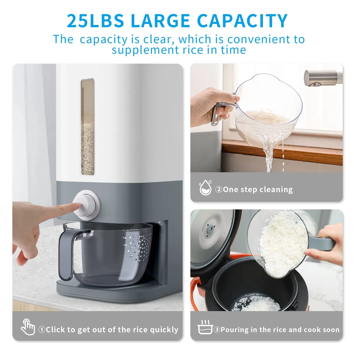Dispensador de arroz de 25 libras, contenedor de grano grande con tapa, cilindro de medición a prueba de humedad, dispensador de cereales para cocina, maíz de soja