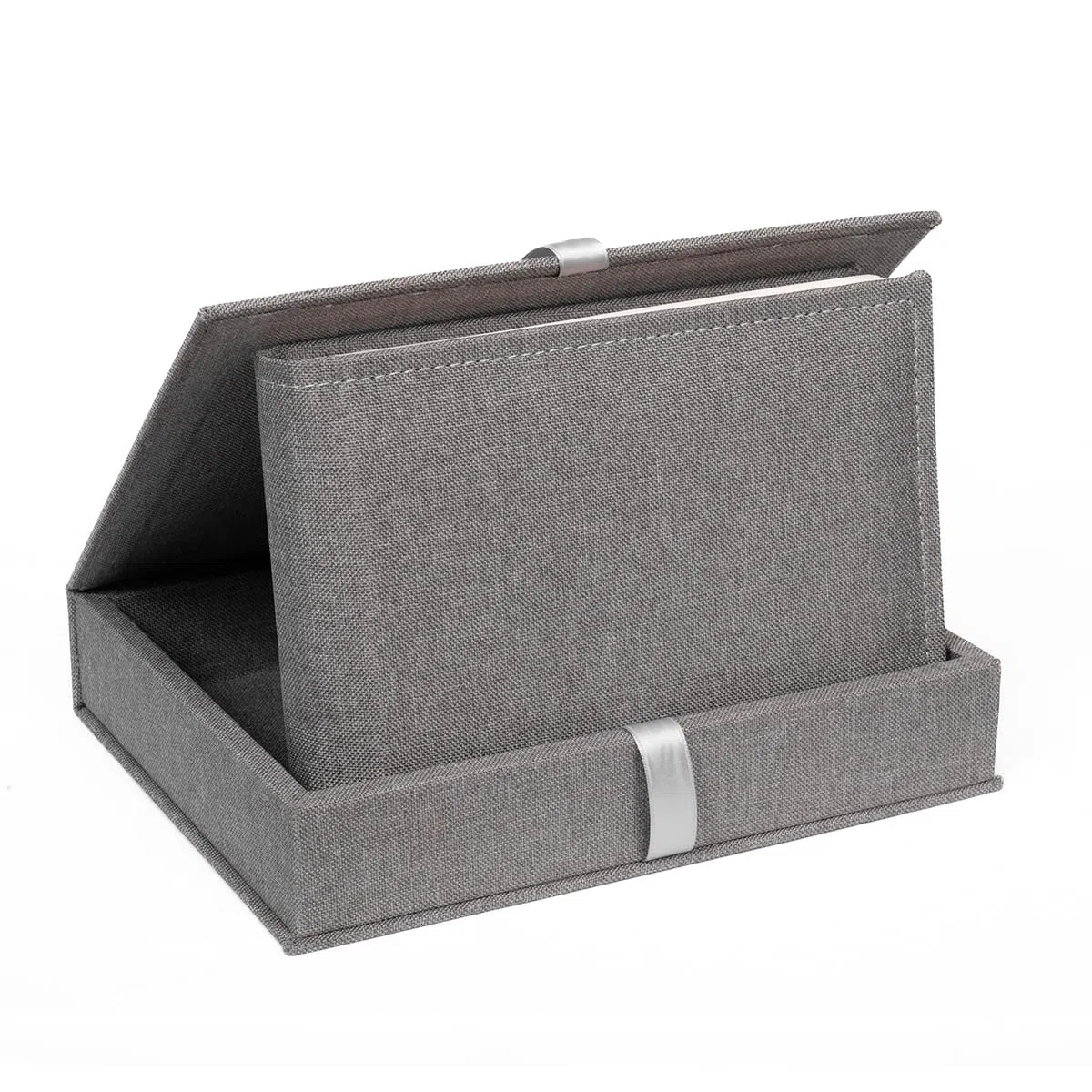 Álbum de fotos de 20 x 15 cm con funda de tela gris, 25 x 20 cm, caja con álbum