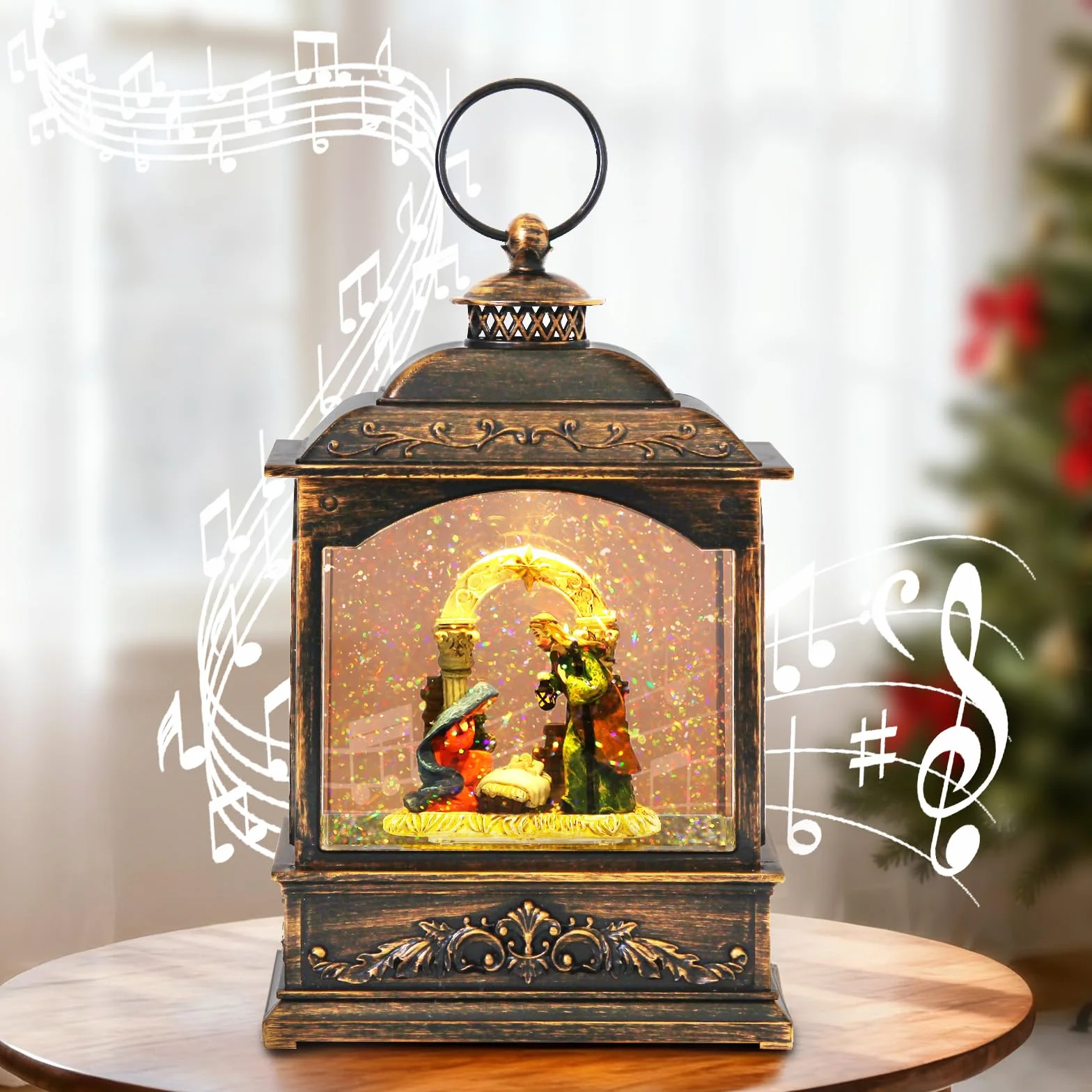 Globo de Nieve de Navidad, Linterna Musical con Belén, Bola de Agua Linterna Led para Decoración Navideña, Función de Temporizador, 21cm, Alimentación por USB o Batería
