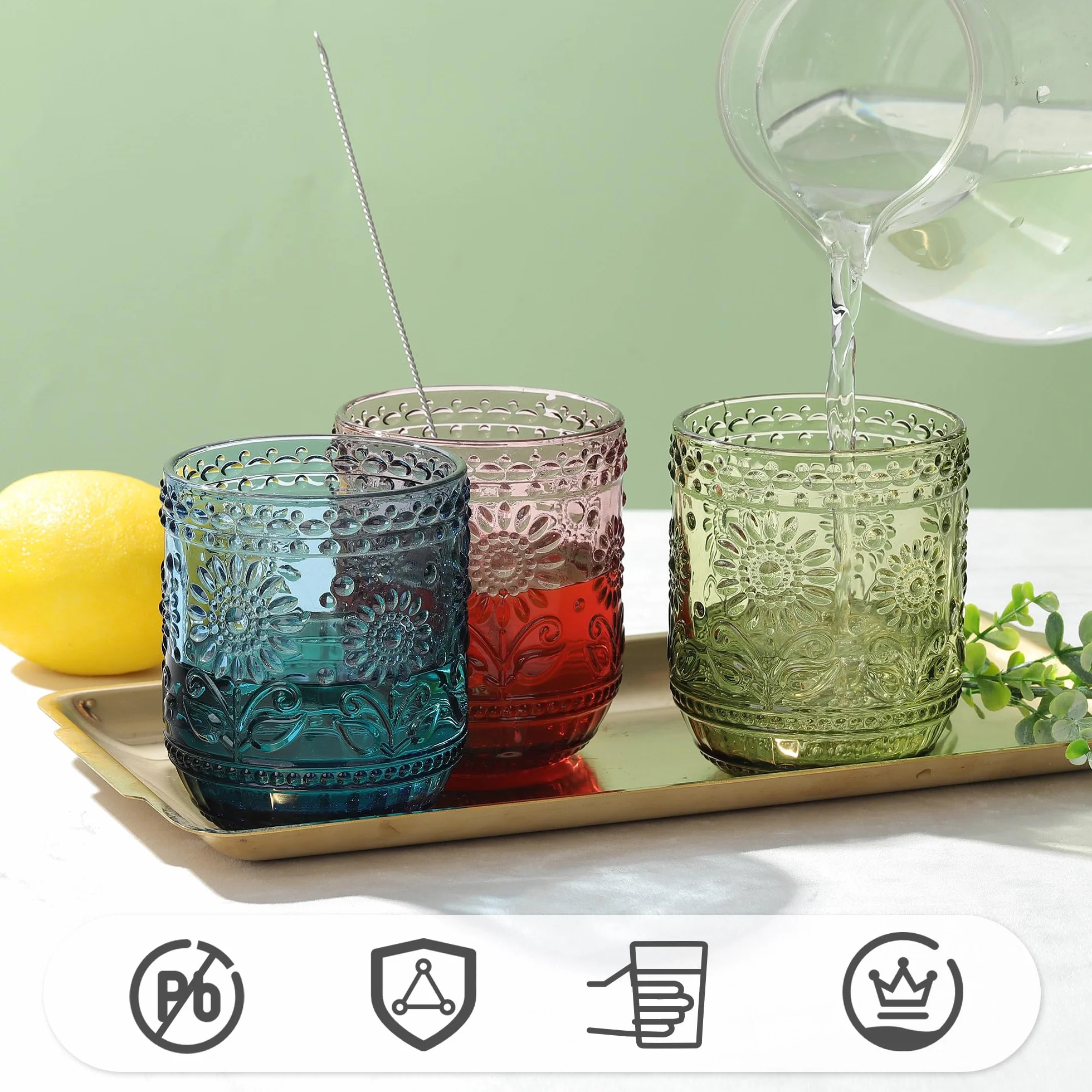 Joeyan Vasos Cristal Colorido,360ml Púrpura Vaso de Agua Modernos, Vaso de Vidrio con Estampado de Flores, Juego de 4 para Limonada Bebidas de Jugo Cola cóctel Cafe Sidra, Apto para Lavavajillas