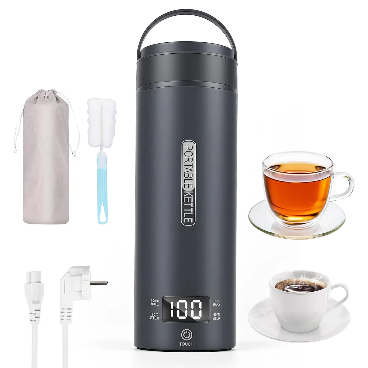 Hervidor eléctrico portátil de viaje, 450 ml, hervidor de agua caliente de viaje, té de café, apagado automático y protección en seco con acero inoxidable 316, 4 reguladores de temperatura (Gris)