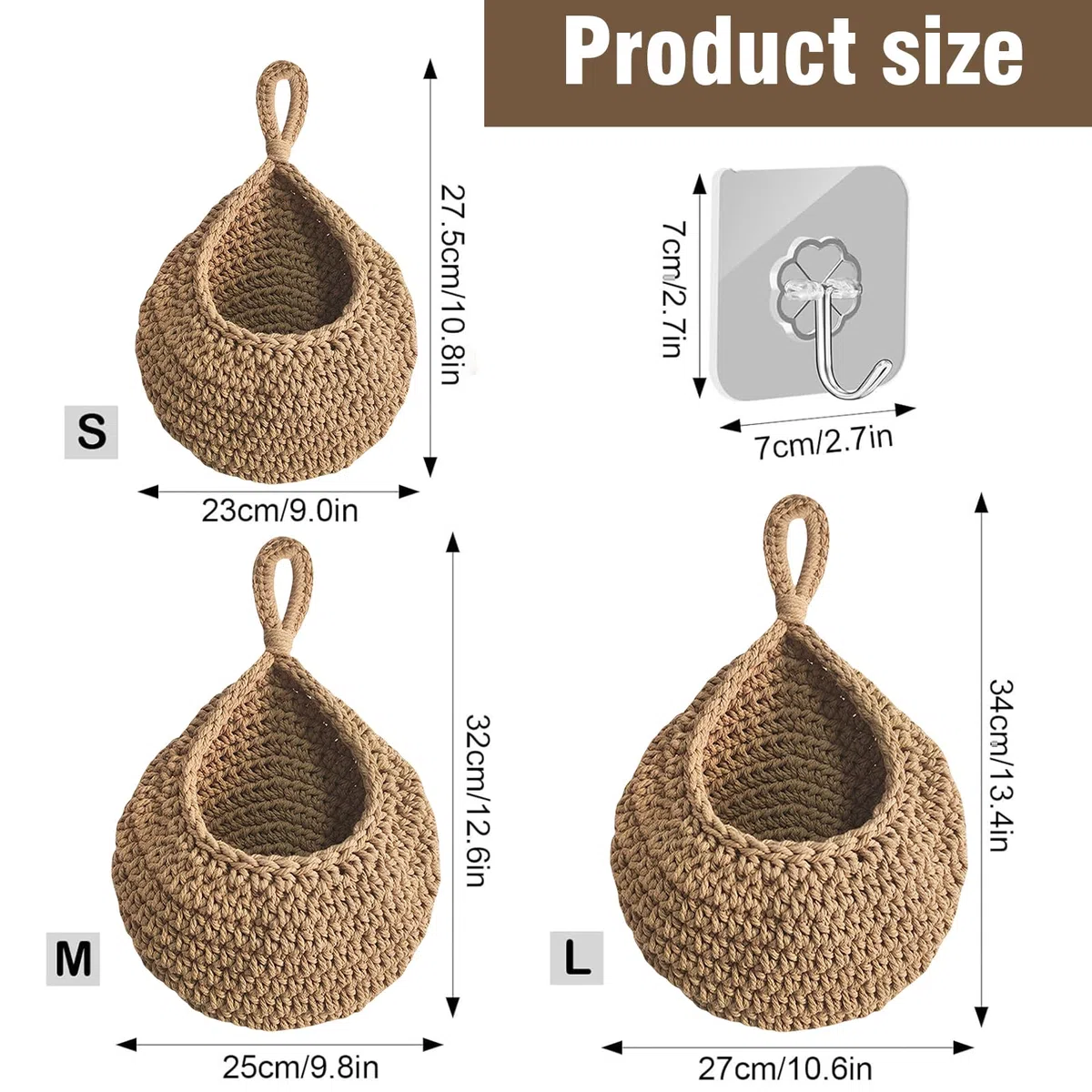 Cesta de frutas colgante trenzada, cesta de frutas colgante de pared con ganchos, tejida a mano, almacenamiento de cocina, cesta de pared, cesta de frutas, cesta de mimbre(S+M+L)