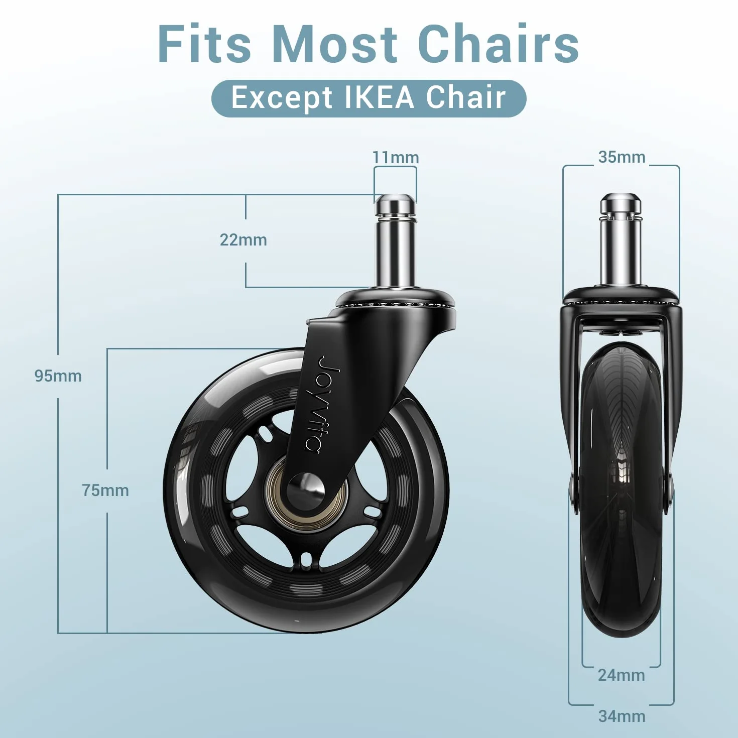 Ruedas para Sillas de Oficina 11x22 mm (5 Piezas), para Muebles Ruedas Giratorias Silenciosas de Repuesto Universales 75mm (3'') - MAX 250kg, Policarbonato (PC), negro