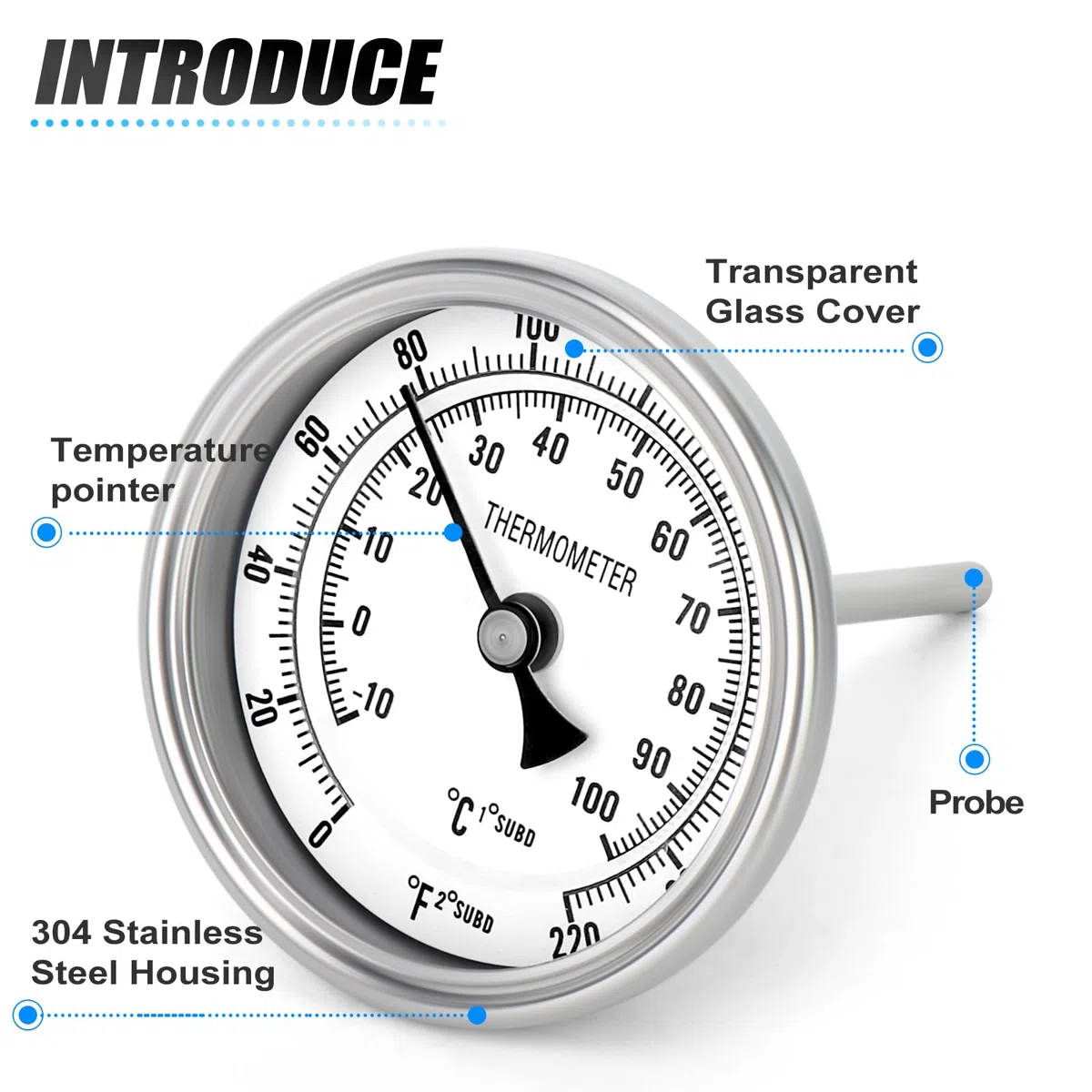 MEANLIN MEASURE 1/2" BSP Termómetro bimetálico para agua caliente,calderas y tuberías,esfera de 3.3",vástago de acero inoxidable de 3",rango de temperatura de -10 a 100℃/0 a 220℉, precisión del 2%