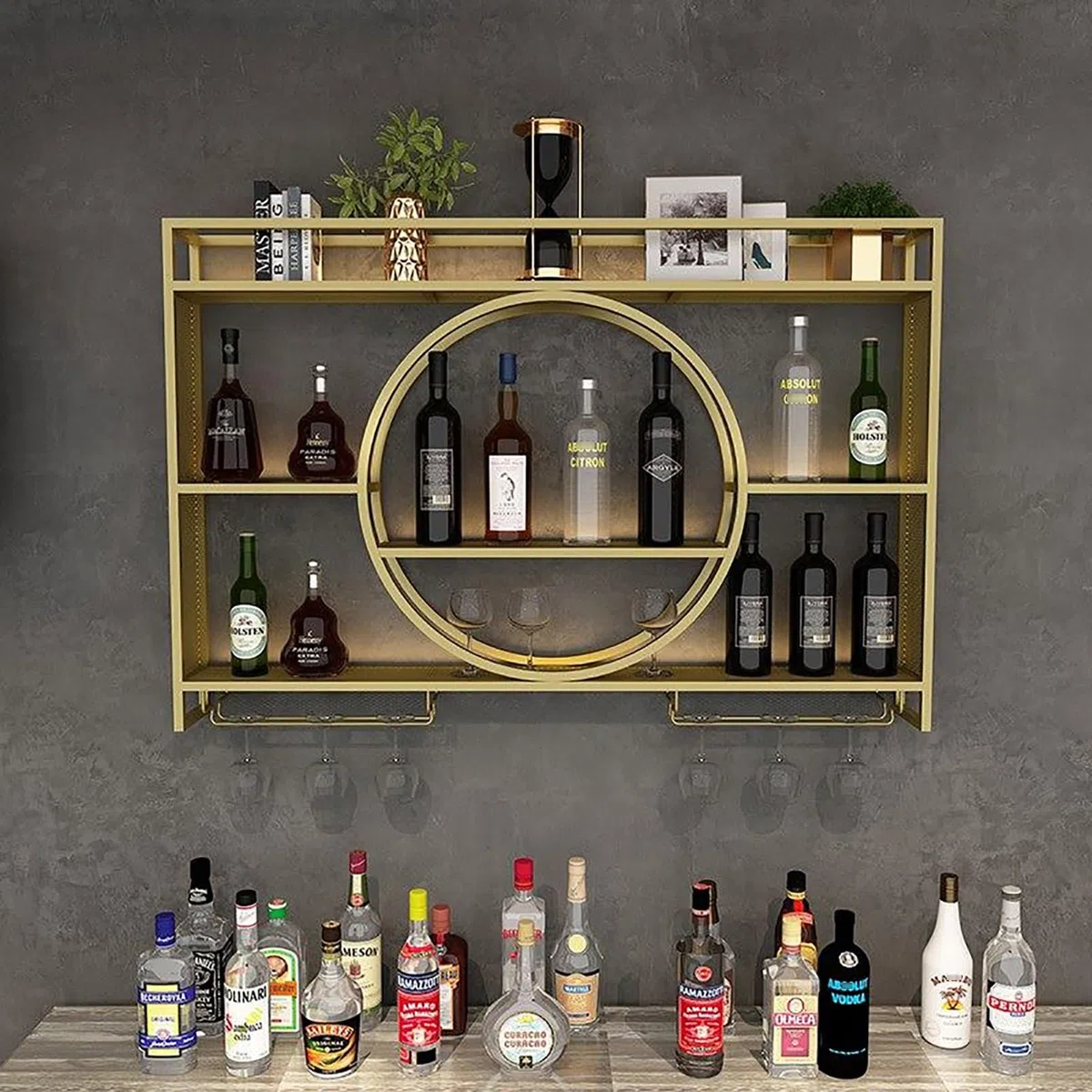 Botellero De Hierro De Estilo Industrial,Botellero De Metal Para La Pared Con Portavasos,Enfriador De Vino Montado En La Pared Para Bar,Estante Para Botellas De Vino Y Copas De Vino,Estantería De Vino