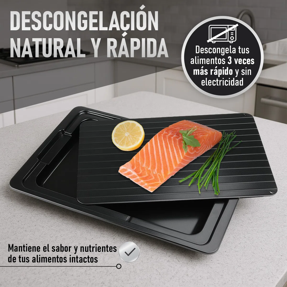 Tabla Descongelación Rápida Alimentos - Placa de Aluminio 35,5X20,5X0,2cm con Cepillo Silicona y Pincel - Bandeja Reutilizable y Profesional para Carne Pescado Pollo - Cocina Higiénica | Three Stars