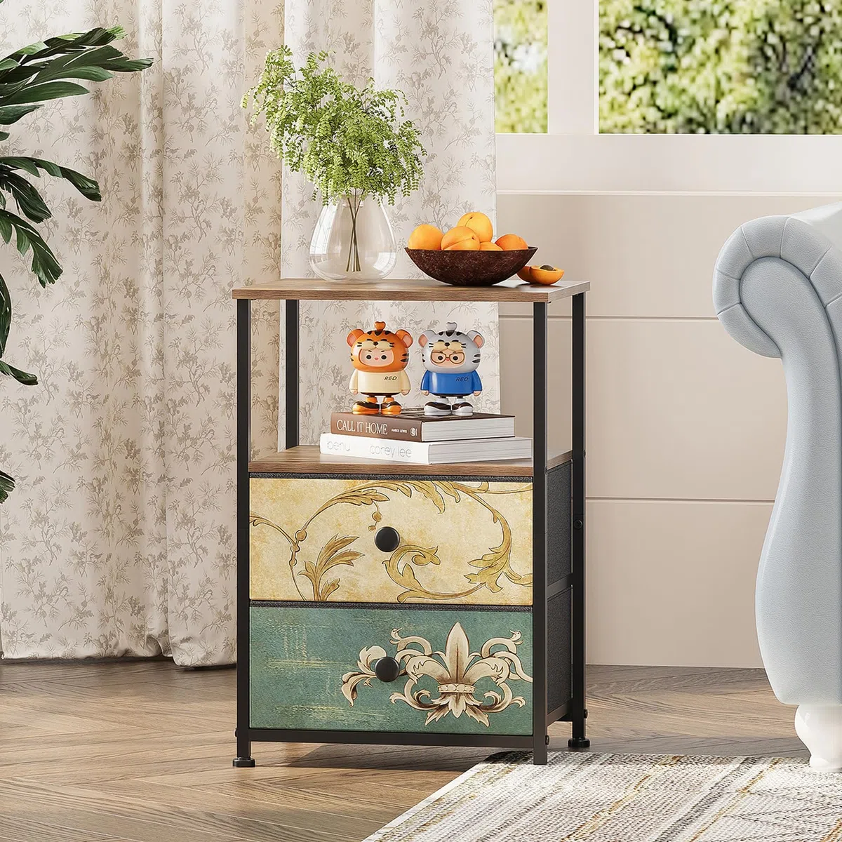 VEDECASA Cómoda con 2 cajones y estante abierto Armario de cómoda Mesa de maquillaje estilo bohemio Armario de almacenamiento Mesita de noche Mesa auxiliar para sala de estar Dormitorio Estructura de