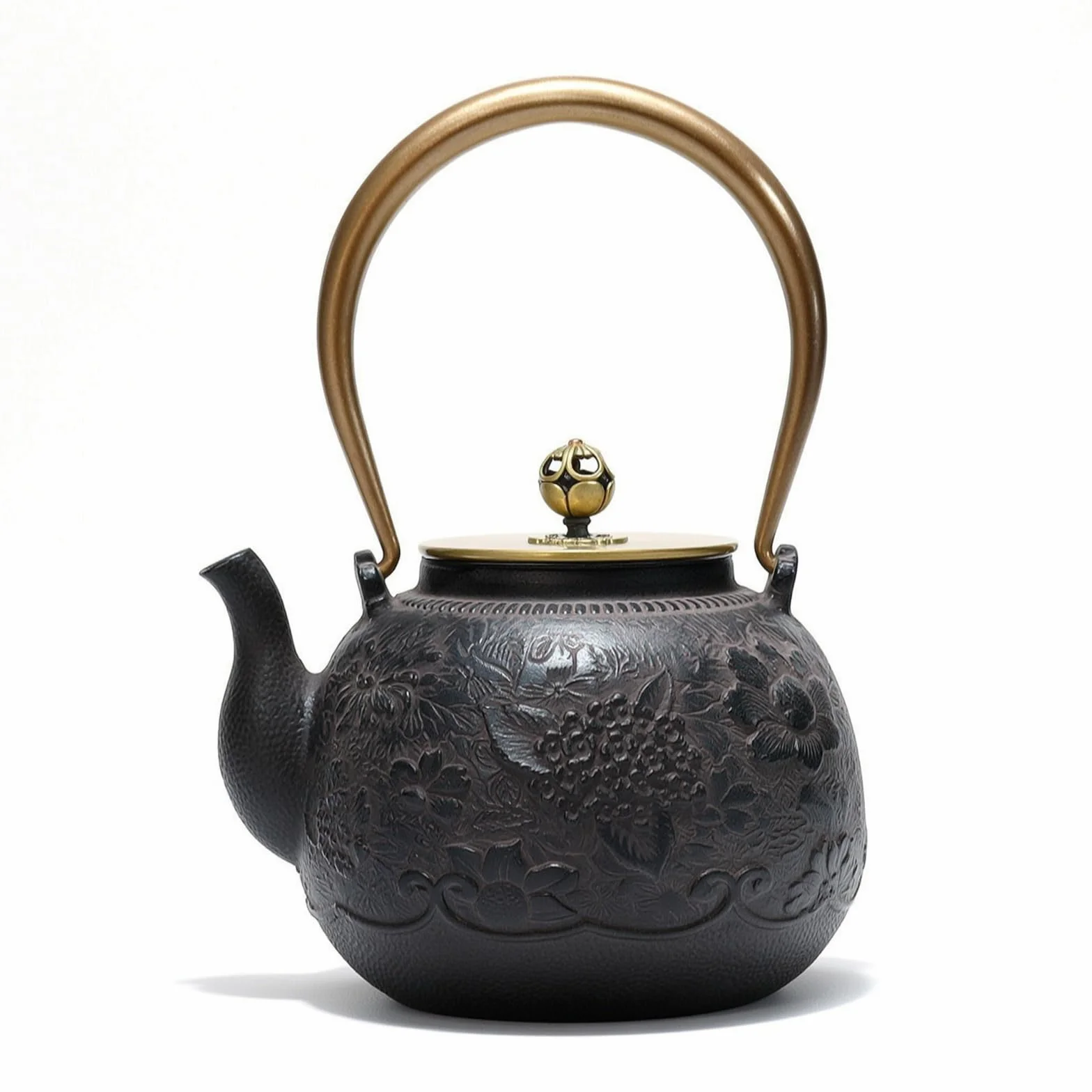 Tetera de Hierro Fundido Tetera Hervidor Jarra Caldera con Colador Interno y Acabado en Relieve Rústico Mango Arqueado y Control de Vertido Adecuada, Black, Chunsemanyuan
