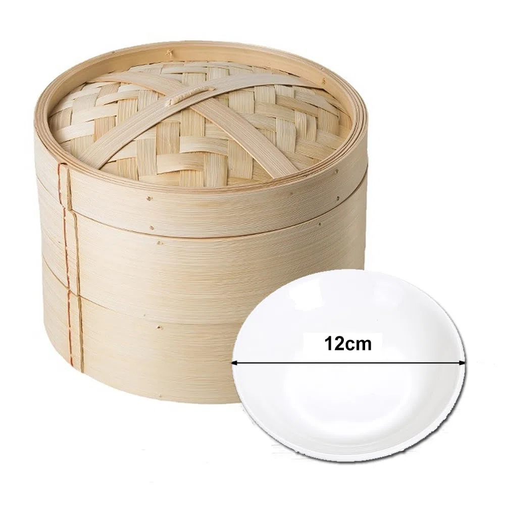 Vaporera de bambú de 15 cm, cesta de vapor de dos niveles, incluye tapa de bambú, 2 cestas de bambú, plato de 12 cm, para bollos, albóndigas, verduras