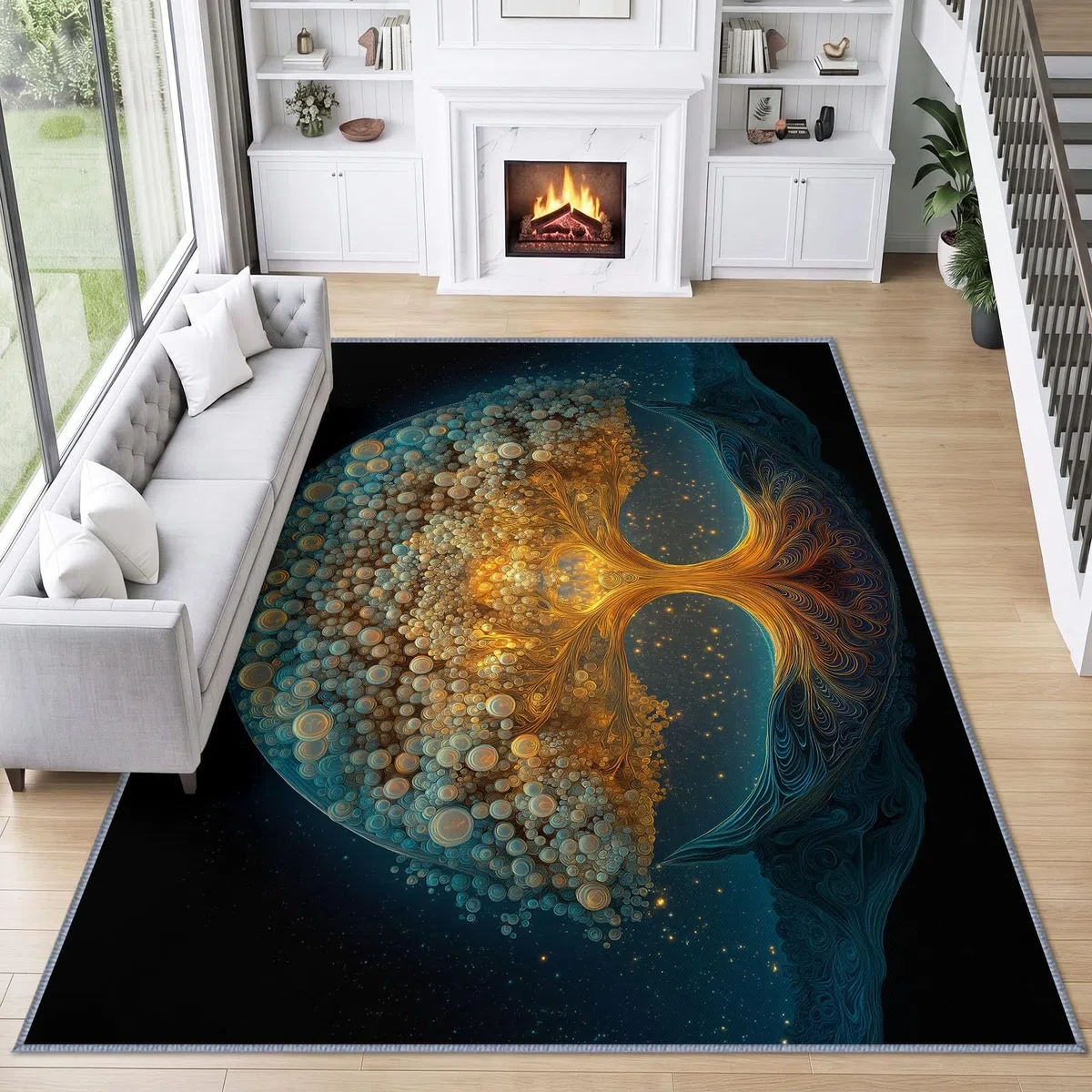 Alfombra de salón, 160 x 230 cm, diseño de árbol de la vida brillante, alfombra de dormitorio, suave y antideslizante, de arte fantástico, lavable a máquina, felpudo, para salón, cocina, pasillo y