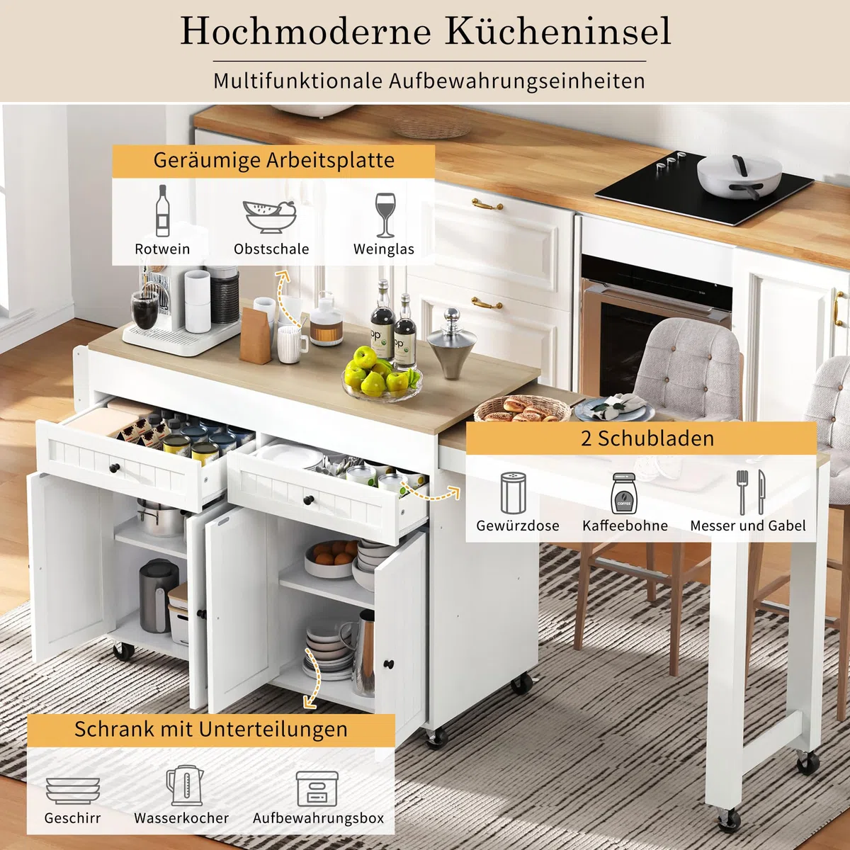 Merax Isla de cocina ultramoderna con espacio de almacenamiento, mesa de bar extensible con encimera, isla de cocina con ruedas, 2 cajones, 2 armarios y estante para especias, carrito de cocina móvil