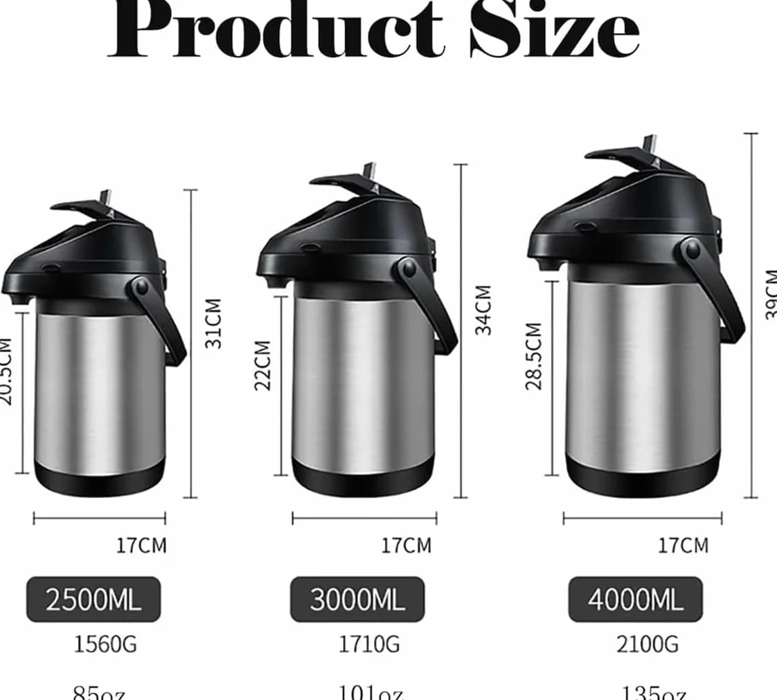Cafetera isotérmica con bomba 4L, botella isotérmica de acero inoxidable, hervidores aislados al vacío, aislamiento térmico 24 horas, para hervidores, teteras y cafeteras para mantener calientes