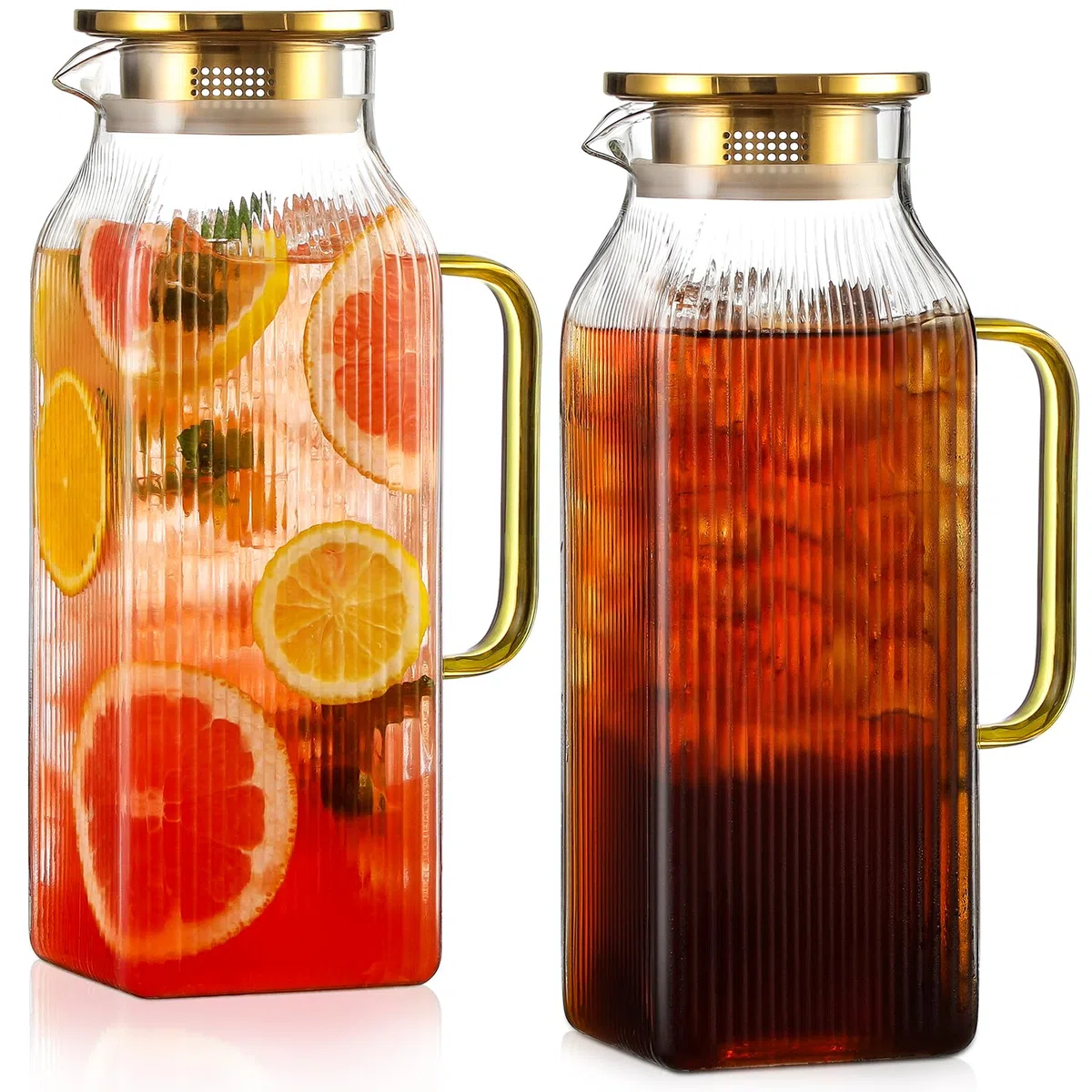 Paquete de 2 jarras cuadradas de vidrio de 2 litros con tapa, jarras de agua clásicas a rayas con asa para refrigerador, jarra grande para té helado, café, jarra de vidrio de borosilicato para bebidas