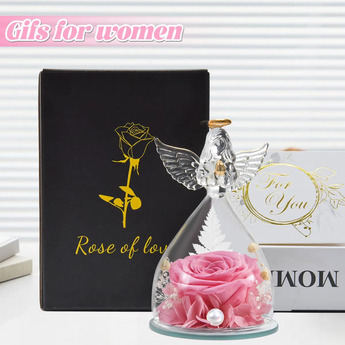 Regalos Navidad de Angel para Mamá Ella, Rosa Eterna en Cúpula de Cristal de Angel, Flores Preservadas Regalos Navidad Mama Abuela San Valentín Dia De la Madre Aniversario Pareja