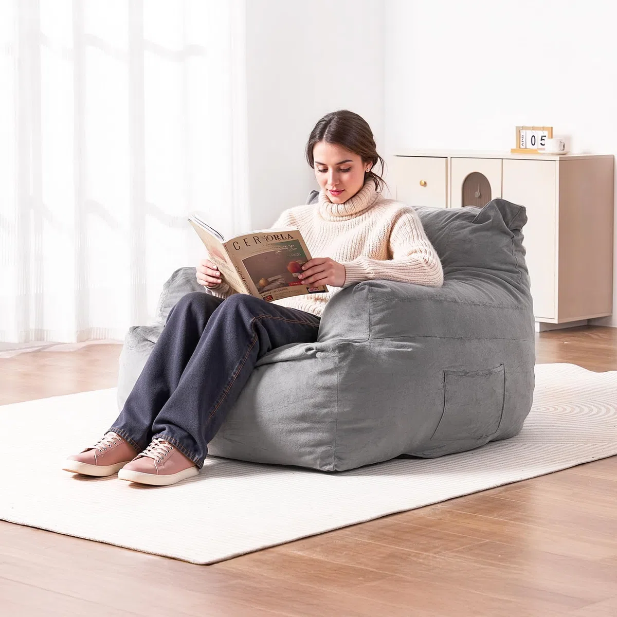 VEVOR Sillón Puff 1118 x 1143 x 780 mm con Reposabrazos para Adultos, Relleno de Felpa Esponjosa y Espuma de Alta Densidad, Sillón Puff para Adultos con Zapper para Sala de Estar, Dormitorio, Gris