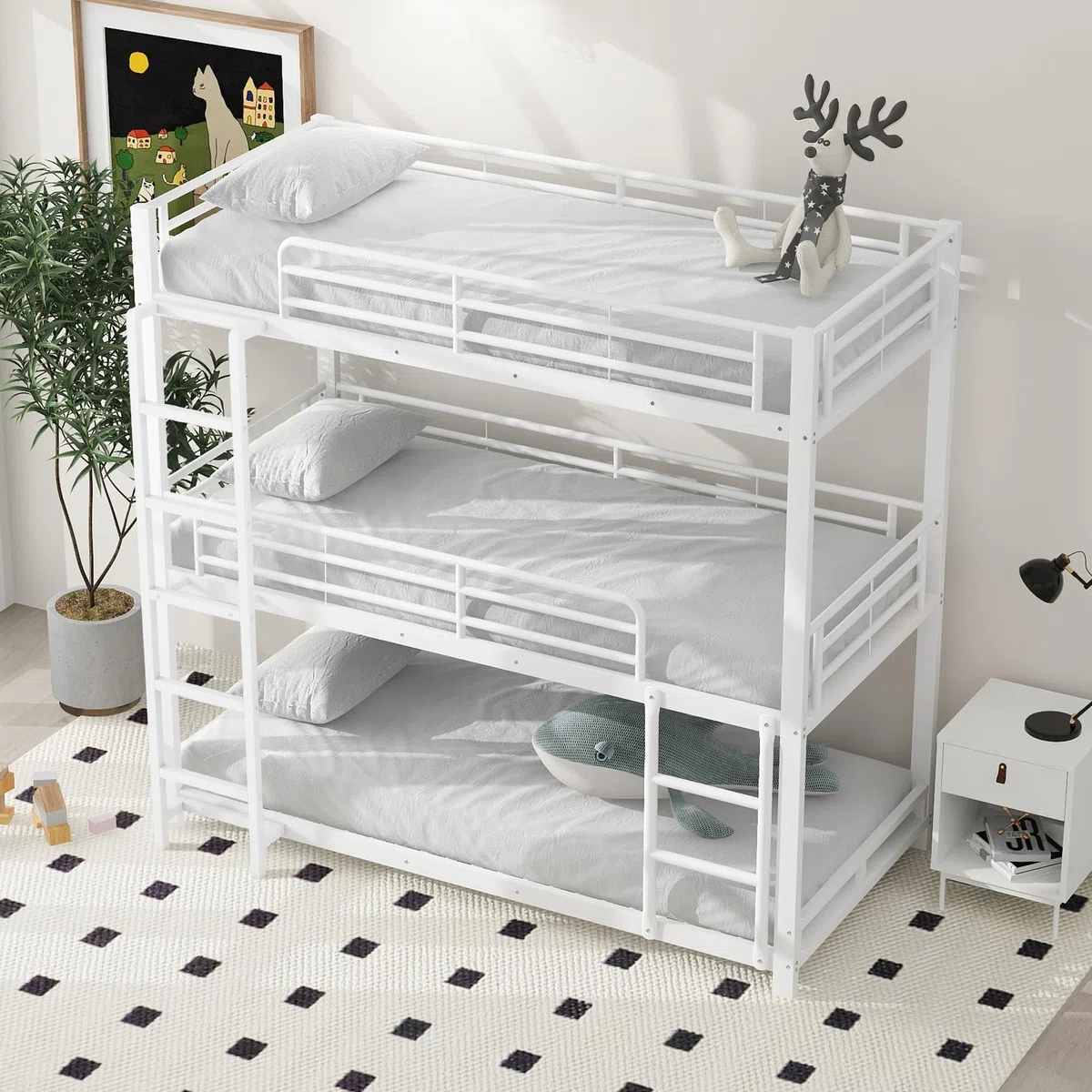 Lcoho Cama de metal, litera, cama de hierro, litera triple para niños, adolescentes y adultos (blanco)