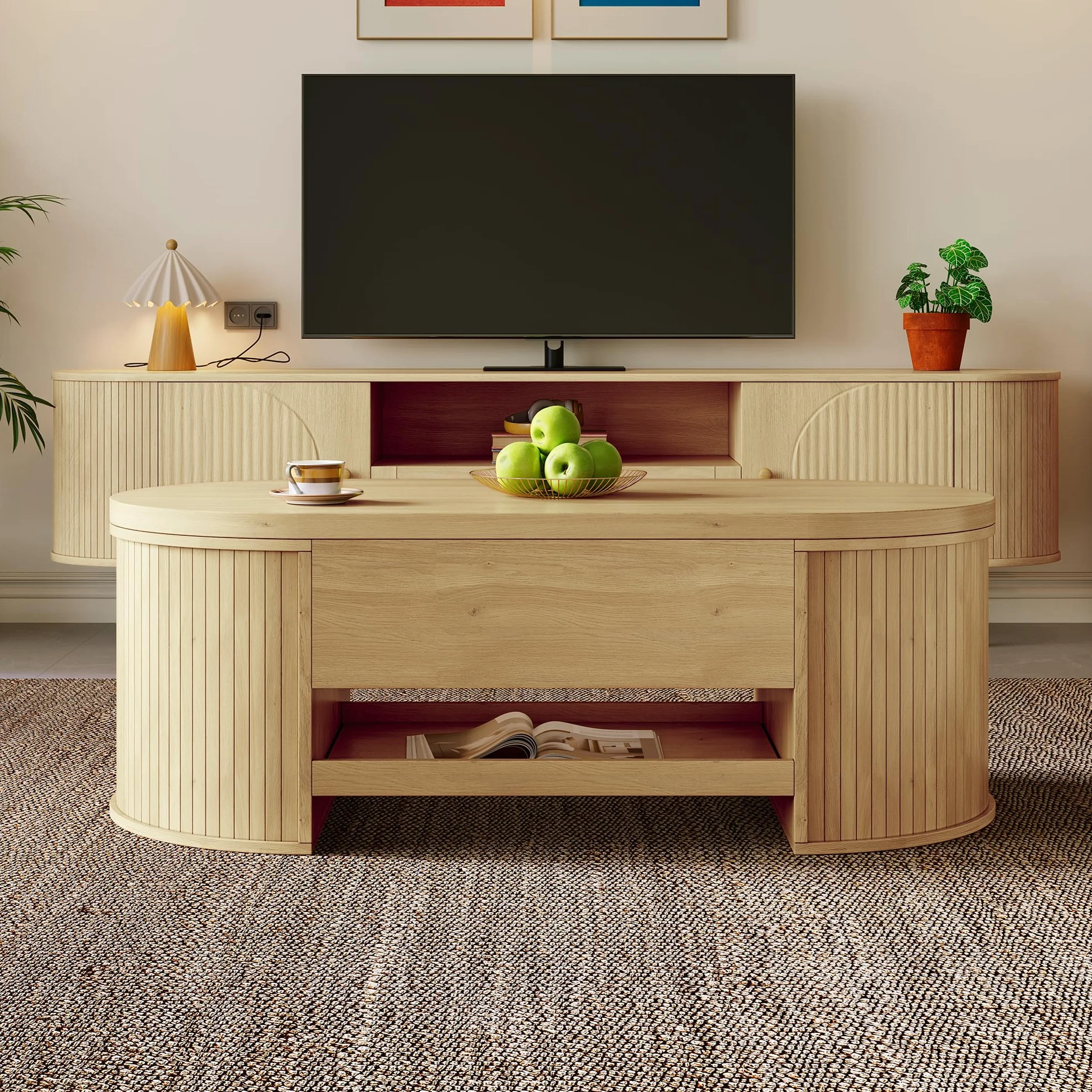 Mesa de centro con lados curvos de madera, estante extensible, mesa elevable, mueble de salón multifuncional 60 x 110 cm (color madera)