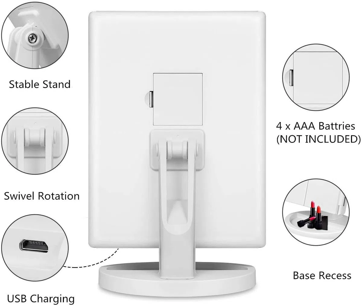 Infitrans Espejo de Maquillaje Tríptico con Aumento 1x, 2X, 3X, Espejo Cosmético Pantalla Táctil en Iluminacíon 21 Led, Adjustable 180º (Blanco)