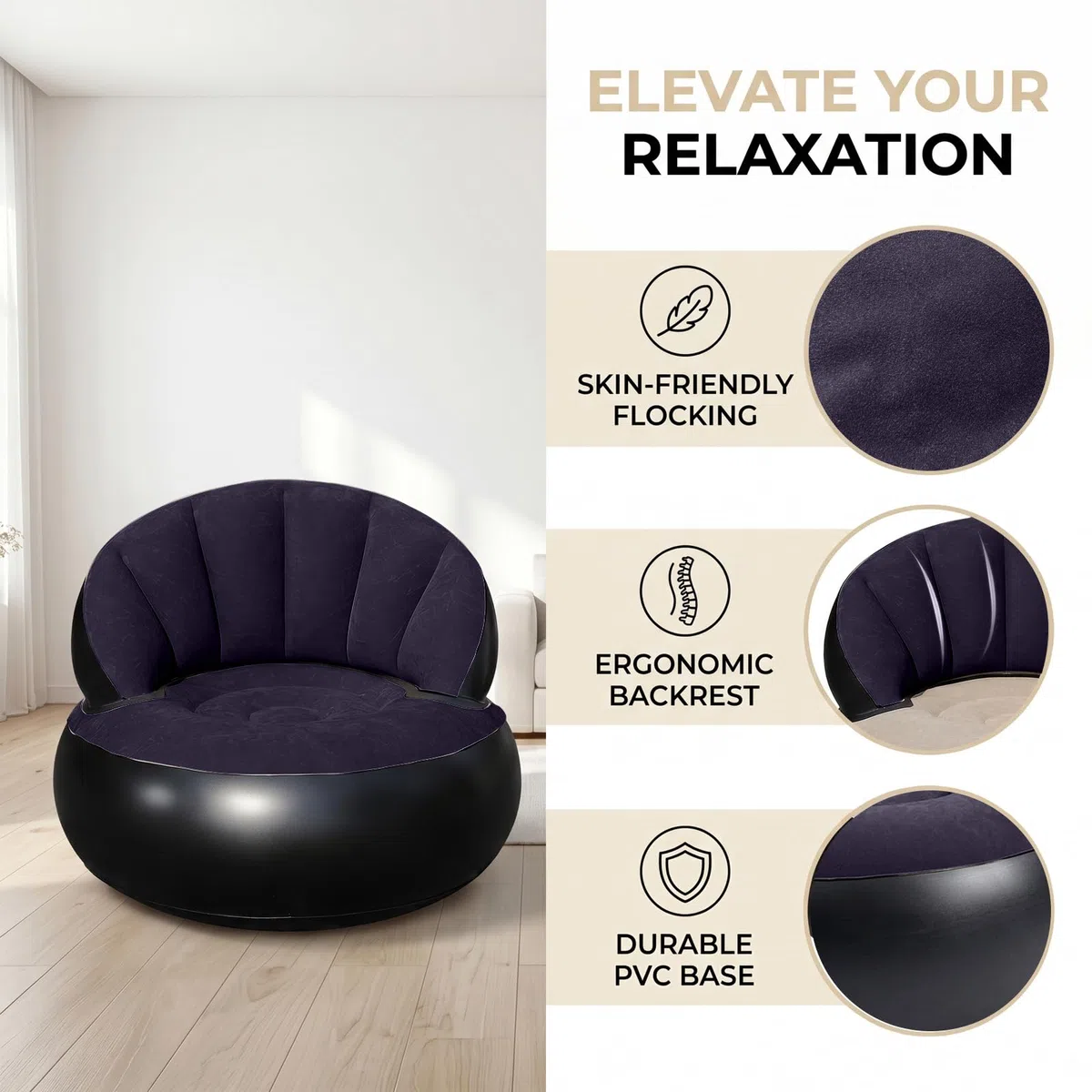Sillón hinchable con bomba, sillón de aire plegable para interior y exterior, cómodo sofá hinchable para adultos y niños, puf portátil de repuesto para salón, camping, balcón (azul oscuro)