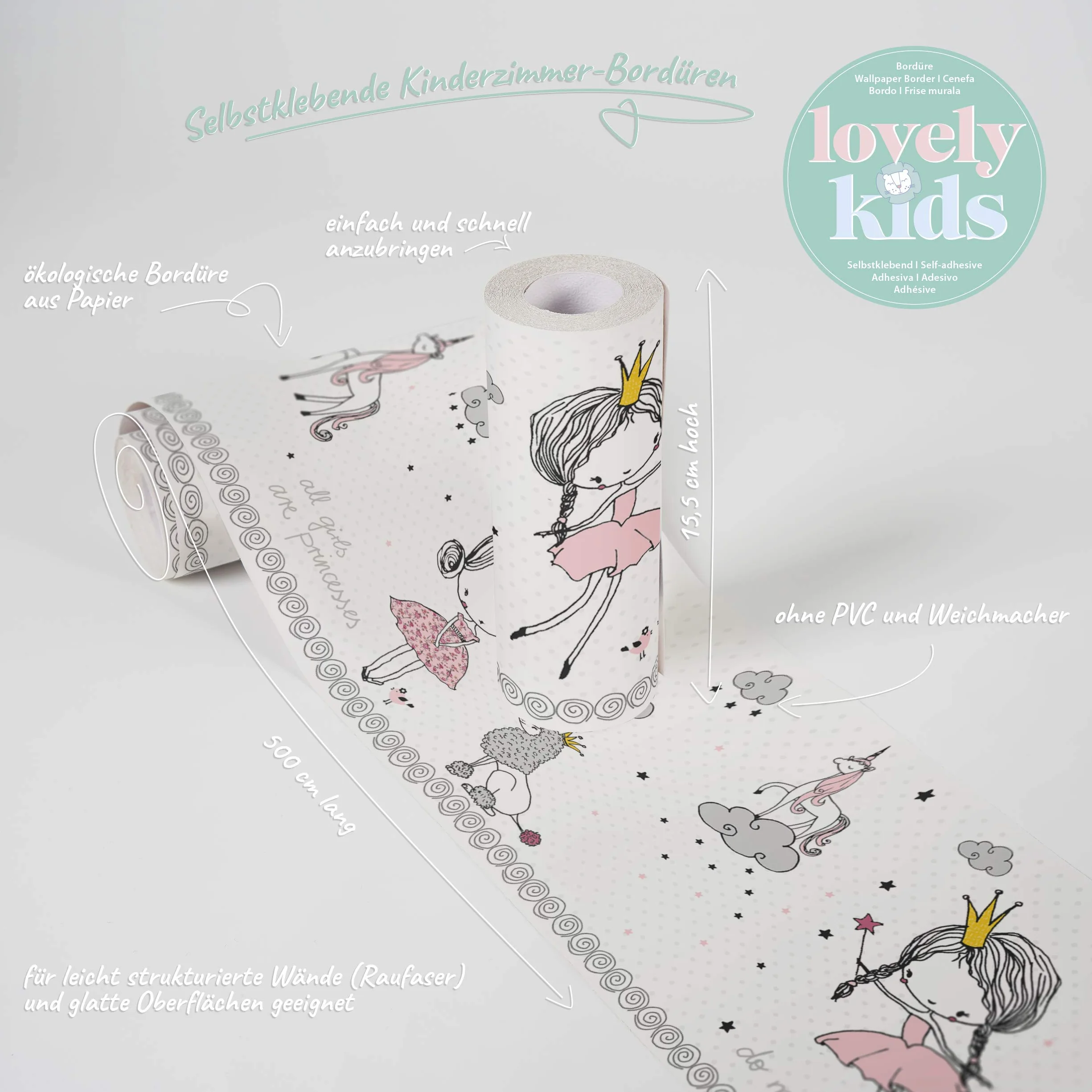 Lovely Kids Cenefas Adhesivas Para Los Niños Magic Princess 5.00 m x 0.155 m Rosa Gris Blanco Fabricado en Alemania de A.S. Création 403755