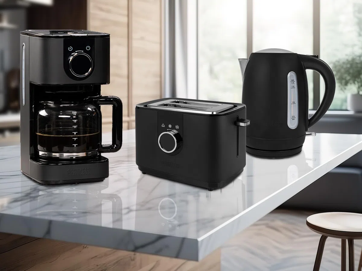 Set de desayuno de acero inoxidable en negro – Cafetera de filtro, hervidor de agua y tostadora