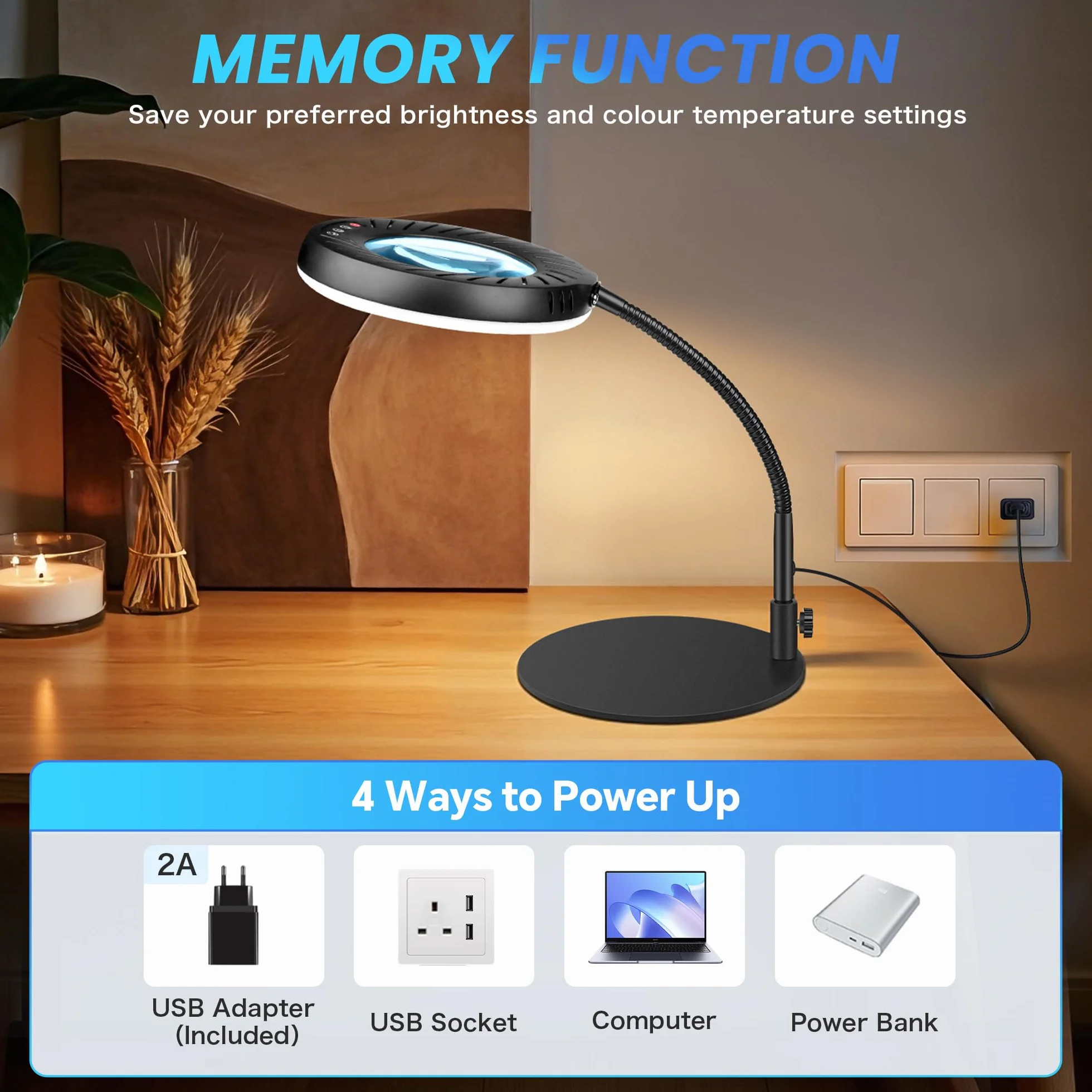 12X Lupa con Luz y Soporte & Mordaza, Adaptador 2A incluido, 5 Modos de Color 9 Brillo, Lupa de Trabajo con 144 LED para Trabajos de Precision Modelismo Pintura de Miniaturas Lectura Coser, Negro