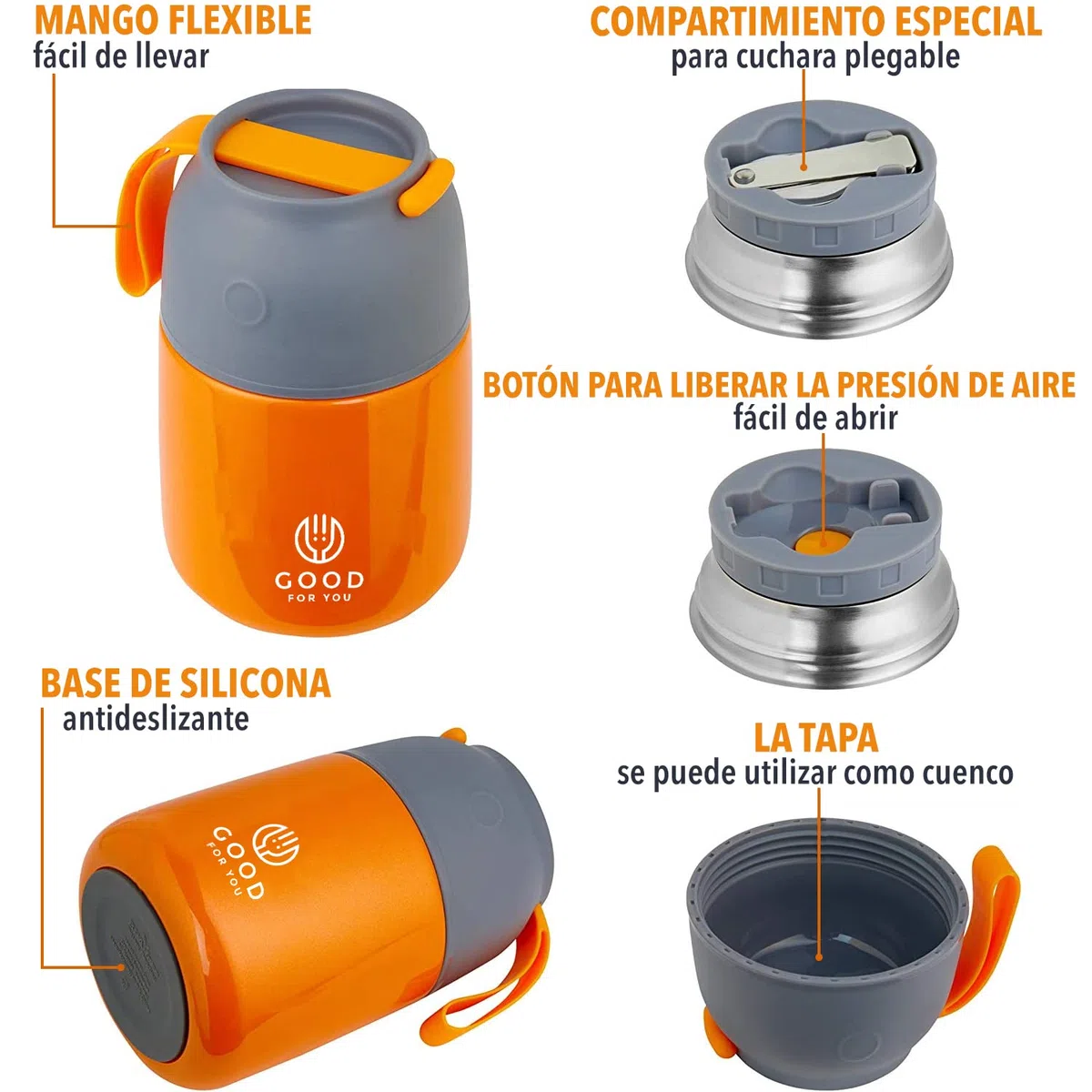 GOOD FOR YOU - Termo de 530ml | Jarra térmica de metal con doble aislamiento para comida, café, agua, etc. Fiambrera bebé, niños, oficina, camping | Con cuchara, color Naranja