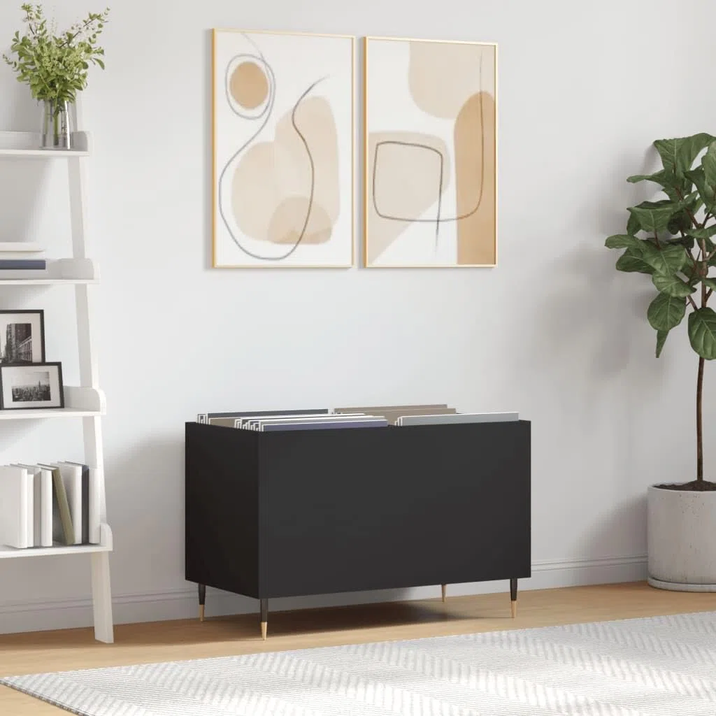 Armario con paneles de madera negro con patas de hierro, 74,5 x 38 x 48 cm, espacio para discos de vinilo, aparador de salón, estante para CD, DVD, estante Hi-Fi, organizador para discos de