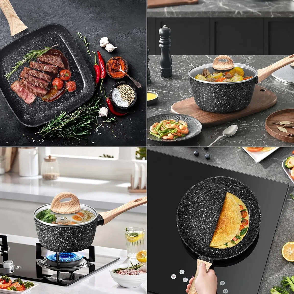 Batería de Cocina Antiadherente de 19 Piezas, Juego de Ollas y Sartenes de Inducción en Granito Negro, No Tóxico, Apta para Todas las Cocinas, Sin PFOA, PTFE, PFAS ni PFOS
