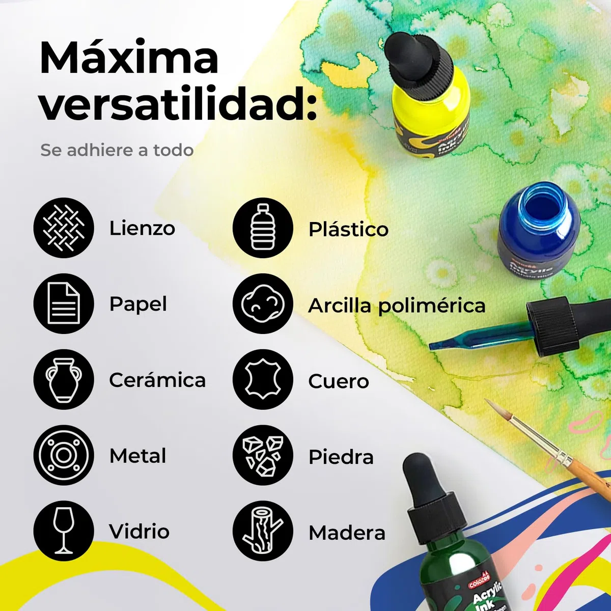 Colozoo Set de Tinta Acrílica 8x20ml, permanente y resistente al agua, 6 colores primarios y 2 neón, pintura líquida para aerógrafo, pouring, medium acrílico, tinta acrílica para todas las superficies