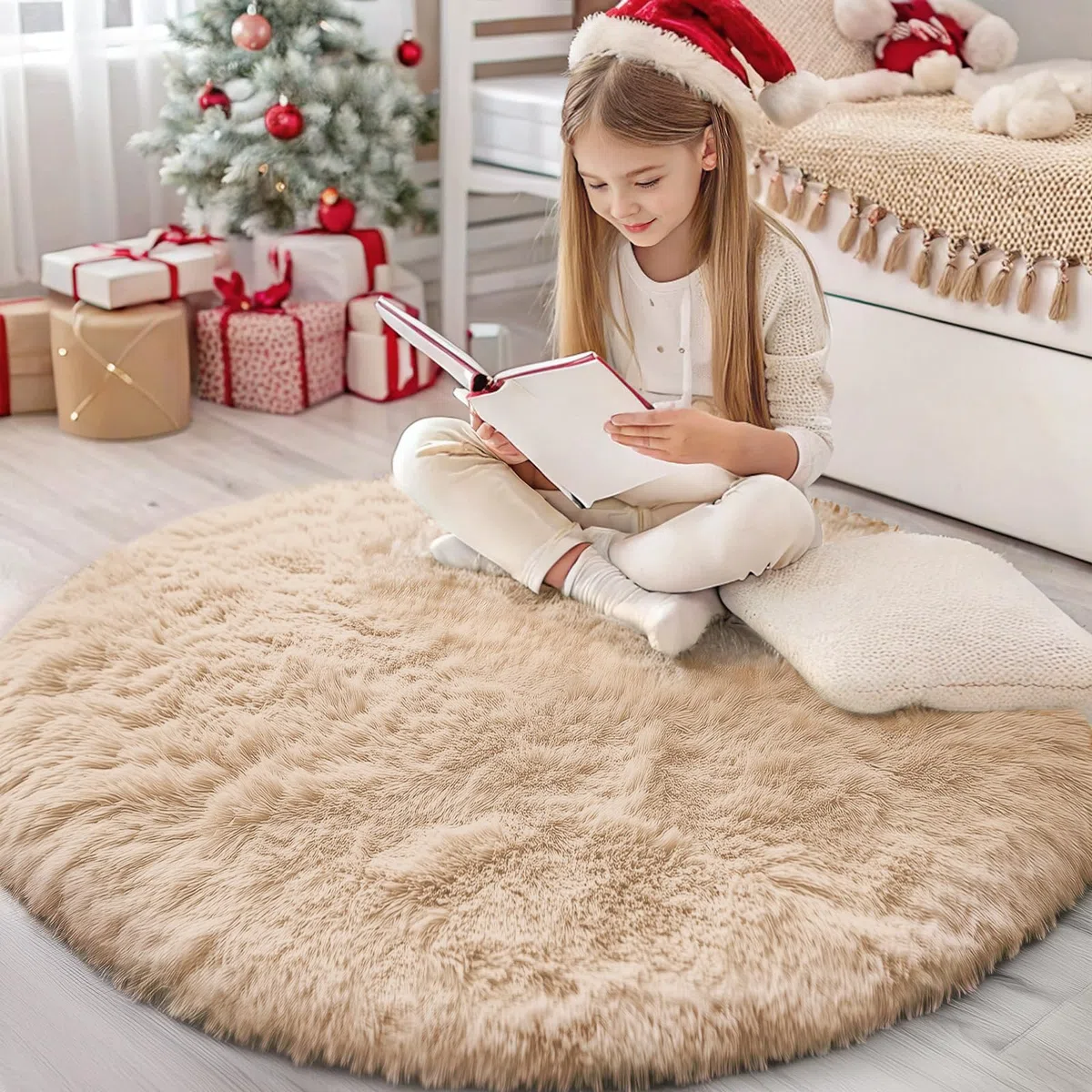 Homaxy Alfombra de Pelo Largo, Antideslizante, Parte Inferior Lavable, Alfombra Grande para salón, habitación de los niños, Dormitorio - 120 cm Redonda, Beige