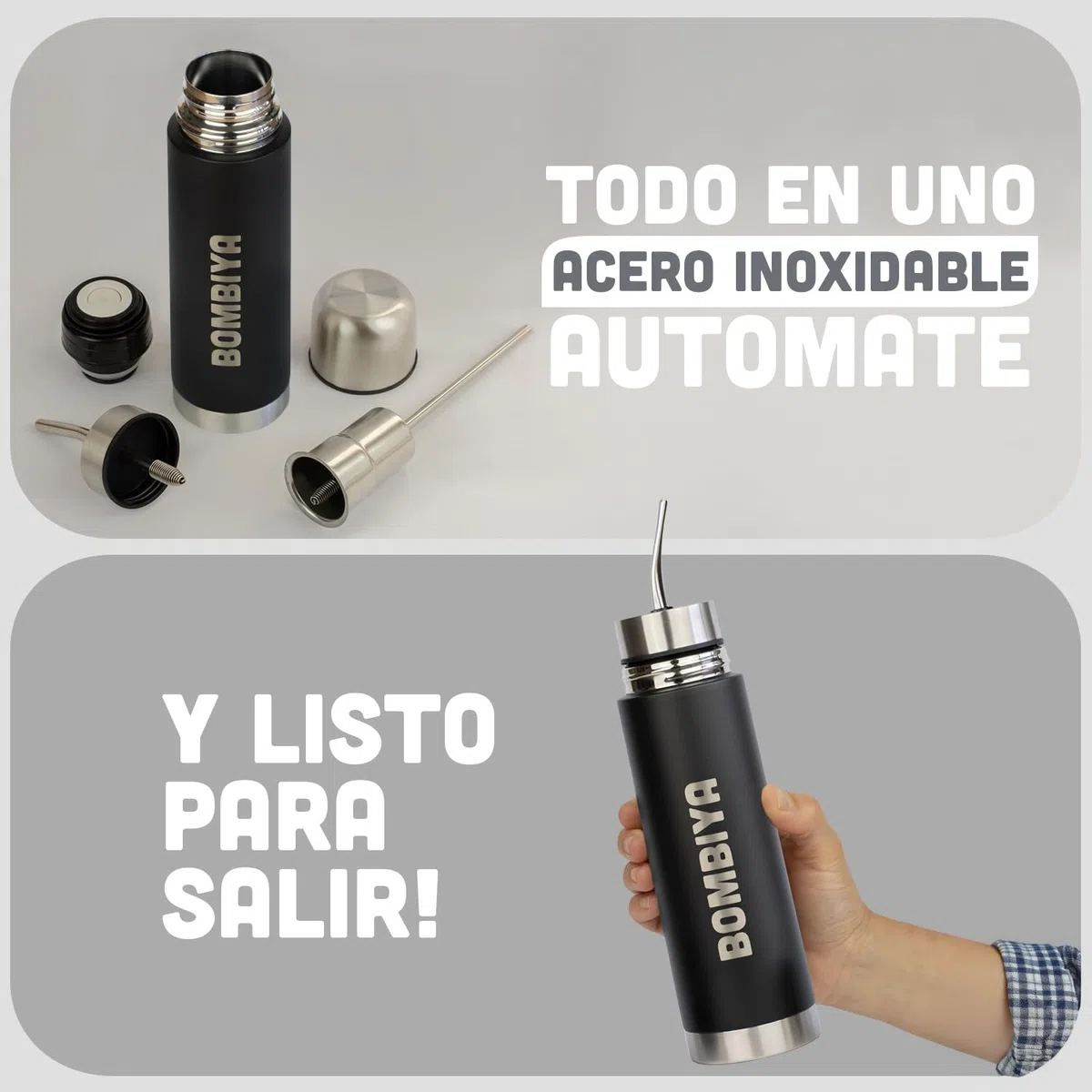 Termo mate autocebante con todas sus partes de acero inoxidable – Kit todo en uno solo agrega tu yerba – 2 en 1 cambiando su tapa es un termo clásico – La evolución del mate listo (Negro)