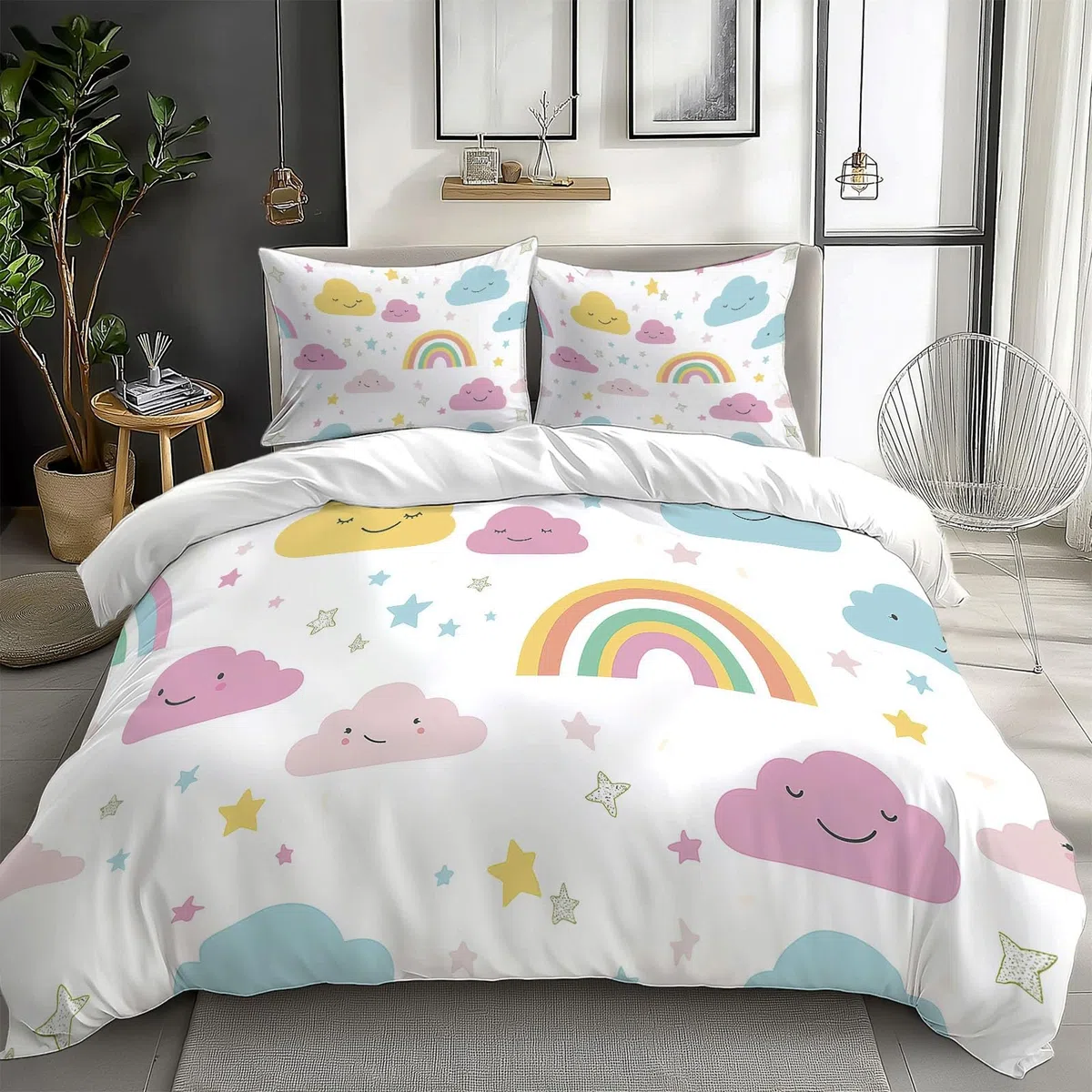 Funda Nordica para Cama 105 Estrellas del Arco Iris De Dibujos Animados Juego de Ropa de Cama Fundas Nórdicas 180x220 cm Poliéster Algodón, 3 Piezas Juego de Cama Cremallera Funda de Almohada