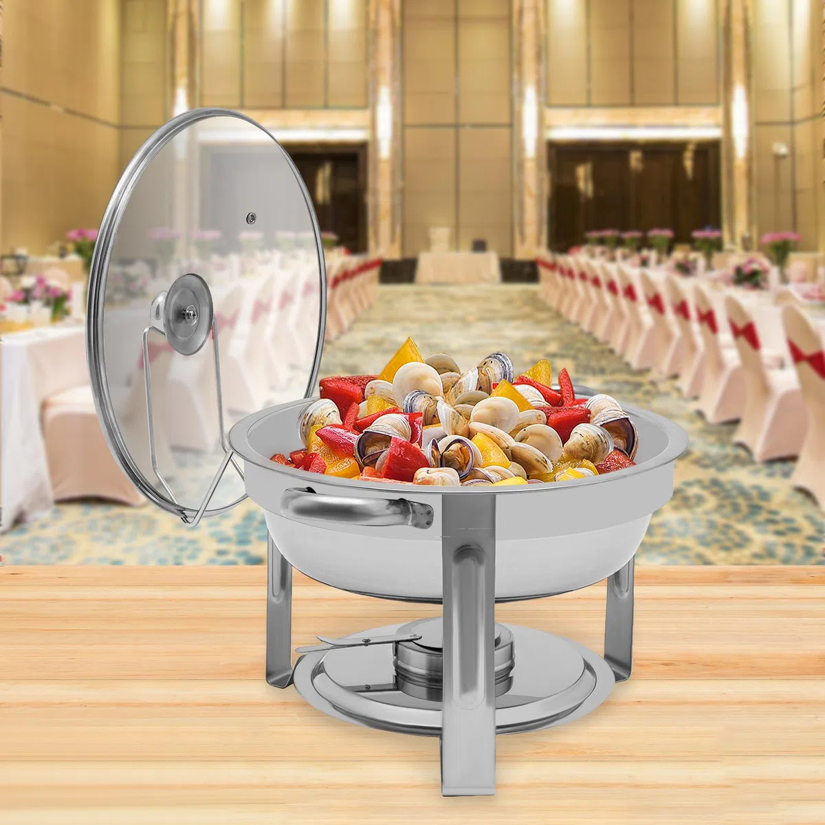 Chafing Dish Buffet, 5 l Round Fondue de acero inoxidable con tapa de contenedor de mantenimiento caliente para restauración, aparadores (plata)